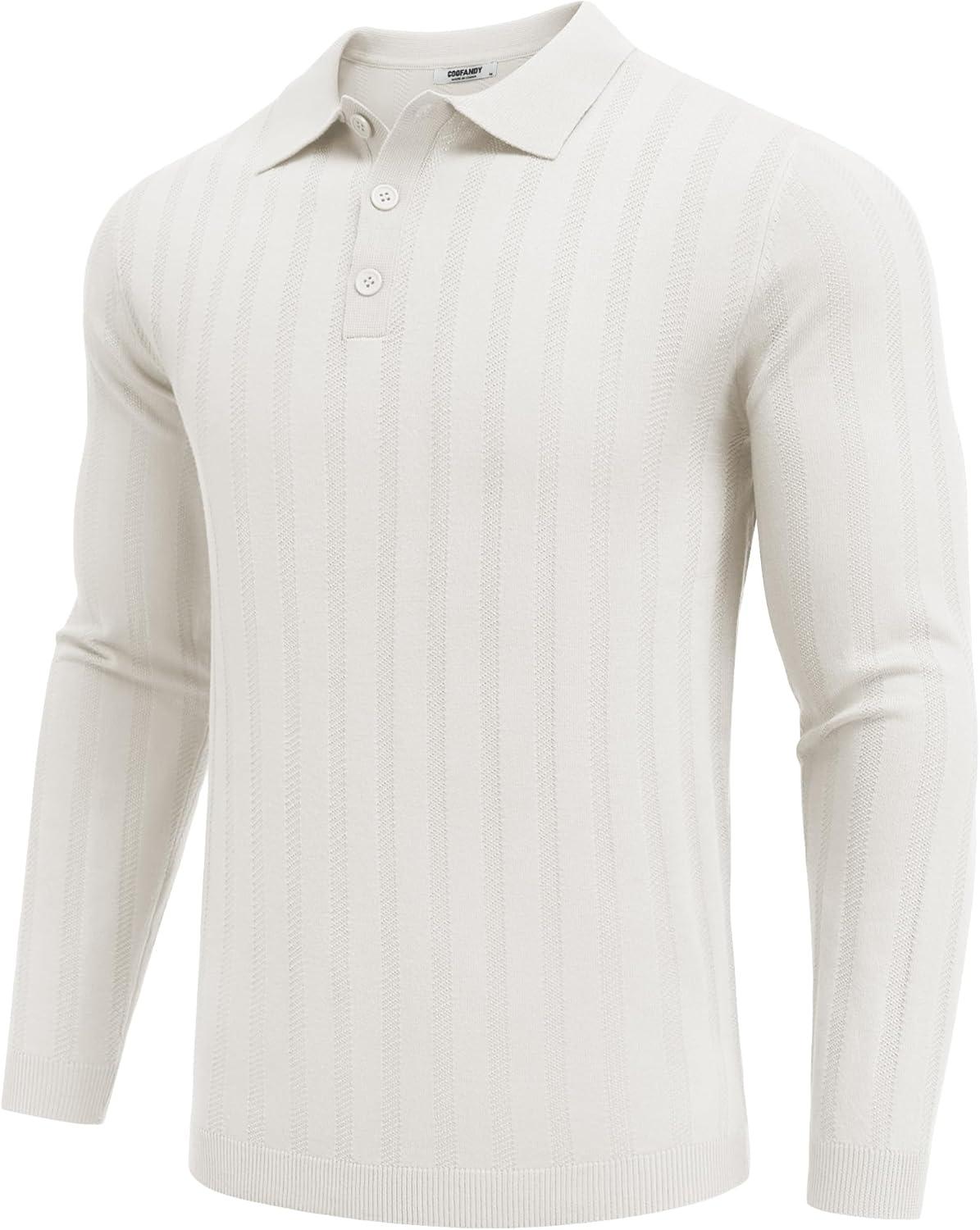 imageCOOFANDY Men Knit Long Sleeve Polo Shirts Casual Dress Collared Sweater Pullover Button Down Golf Polo ShirtsWhite