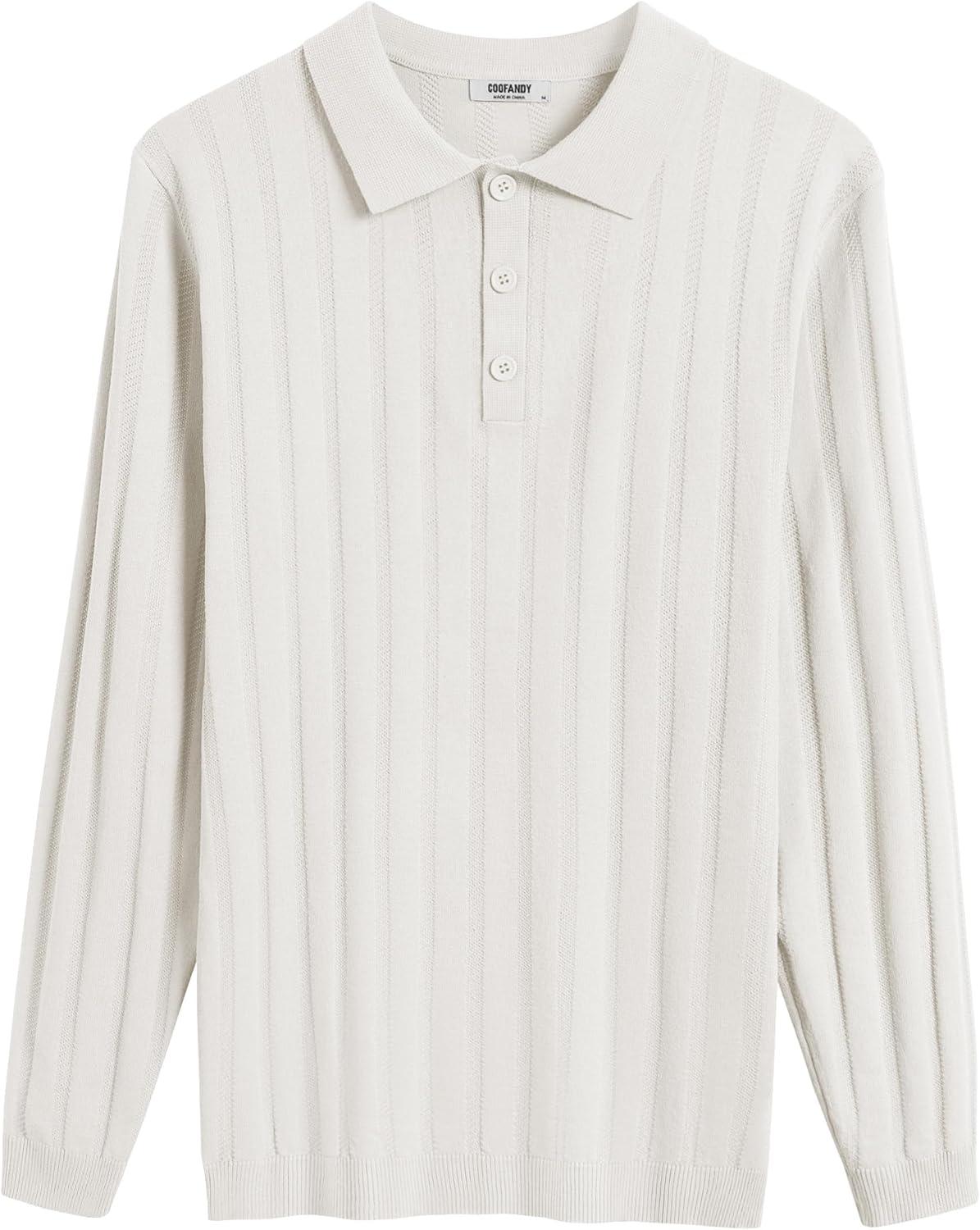 imageCOOFANDY Men Knit Long Sleeve Polo Shirts Casual Dress Collared Sweater Pullover Button Down Golf Polo ShirtsWhite