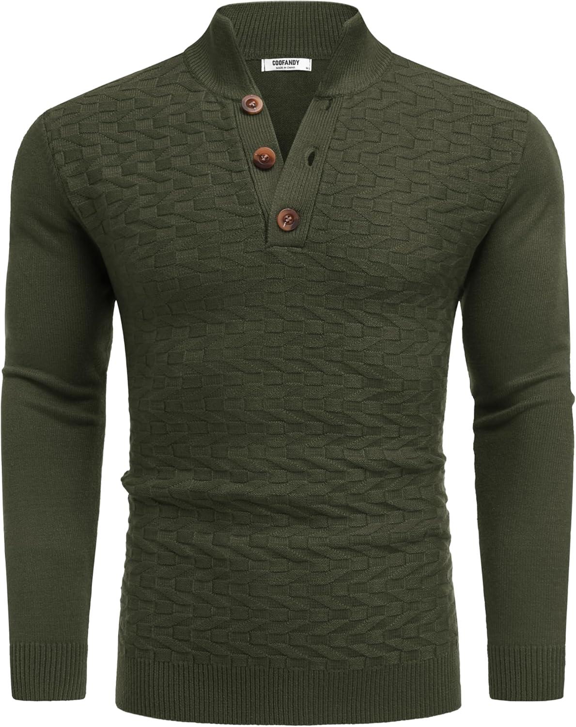 imageCOOFANDY Men Mock Neck Button Sweater Casual Knitted Sweaters Fashion Henley SweaterArmy Green