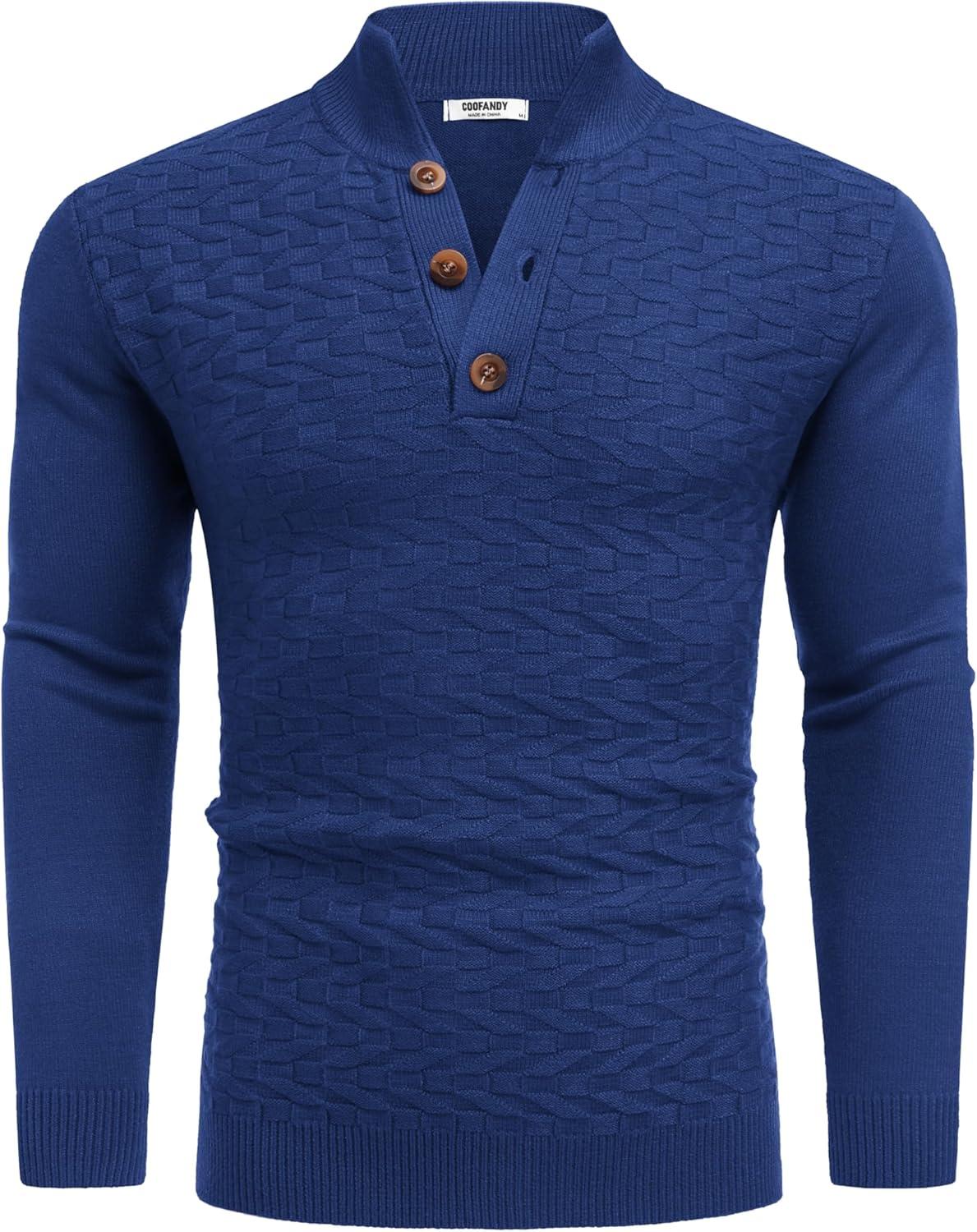 imageCOOFANDY Men Mock Neck Button Sweater Casual Knitted Sweaters Fashion Henley SweaterBlue
