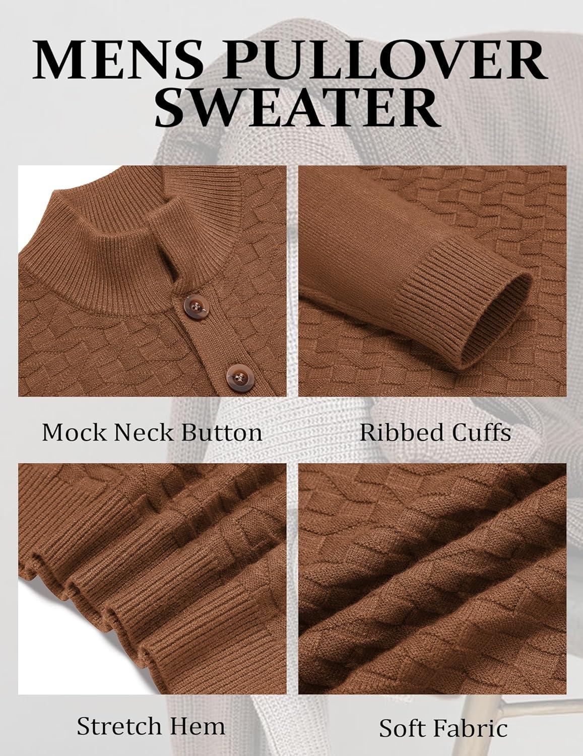 imageCOOFANDY Men Mock Neck Button Sweater Casual Knitted Sweaters Fashion Henley SweaterCaramel