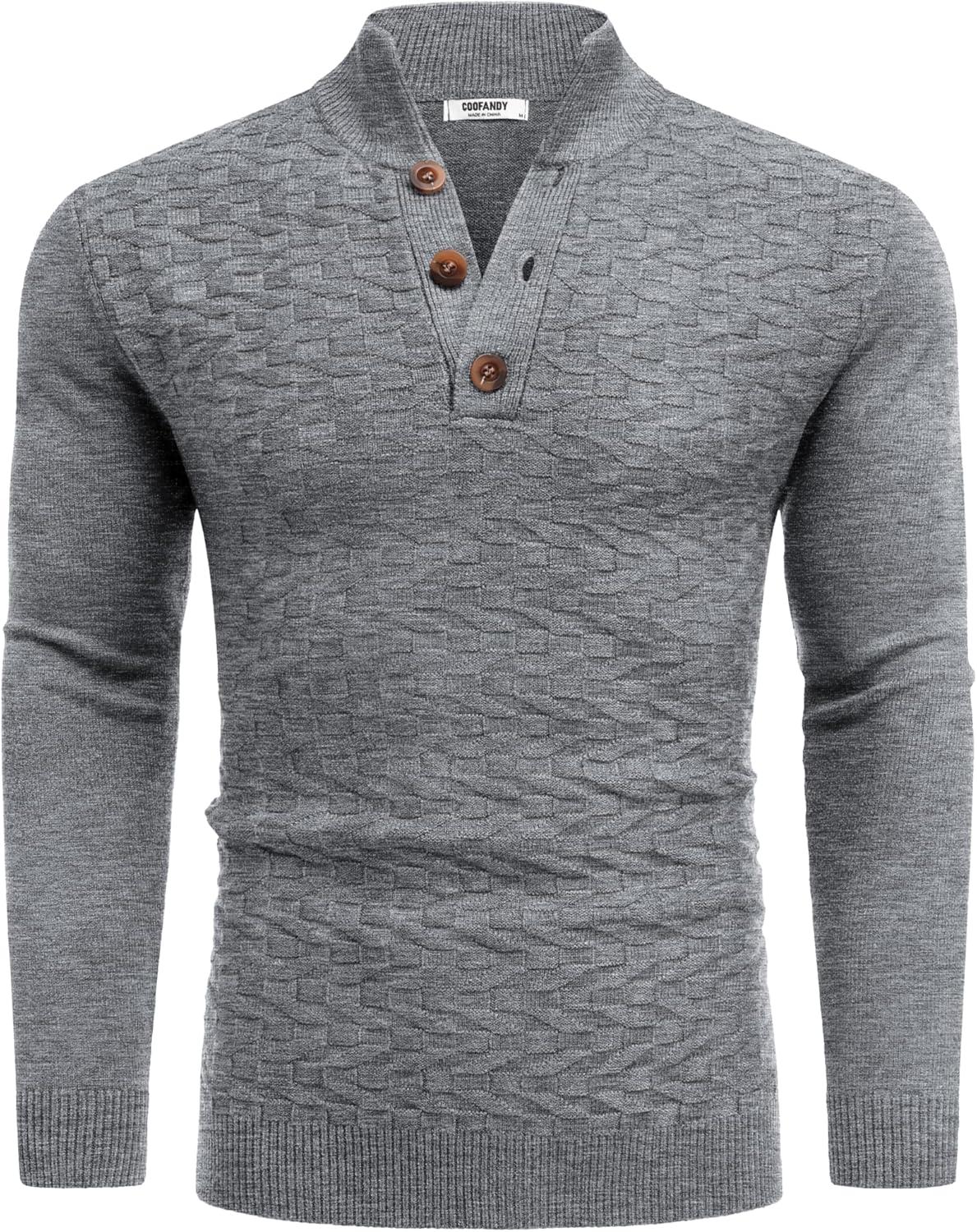 imageCOOFANDY Men Mock Neck Button Sweater Casual Knitted Sweaters Fashion Henley SweaterGray