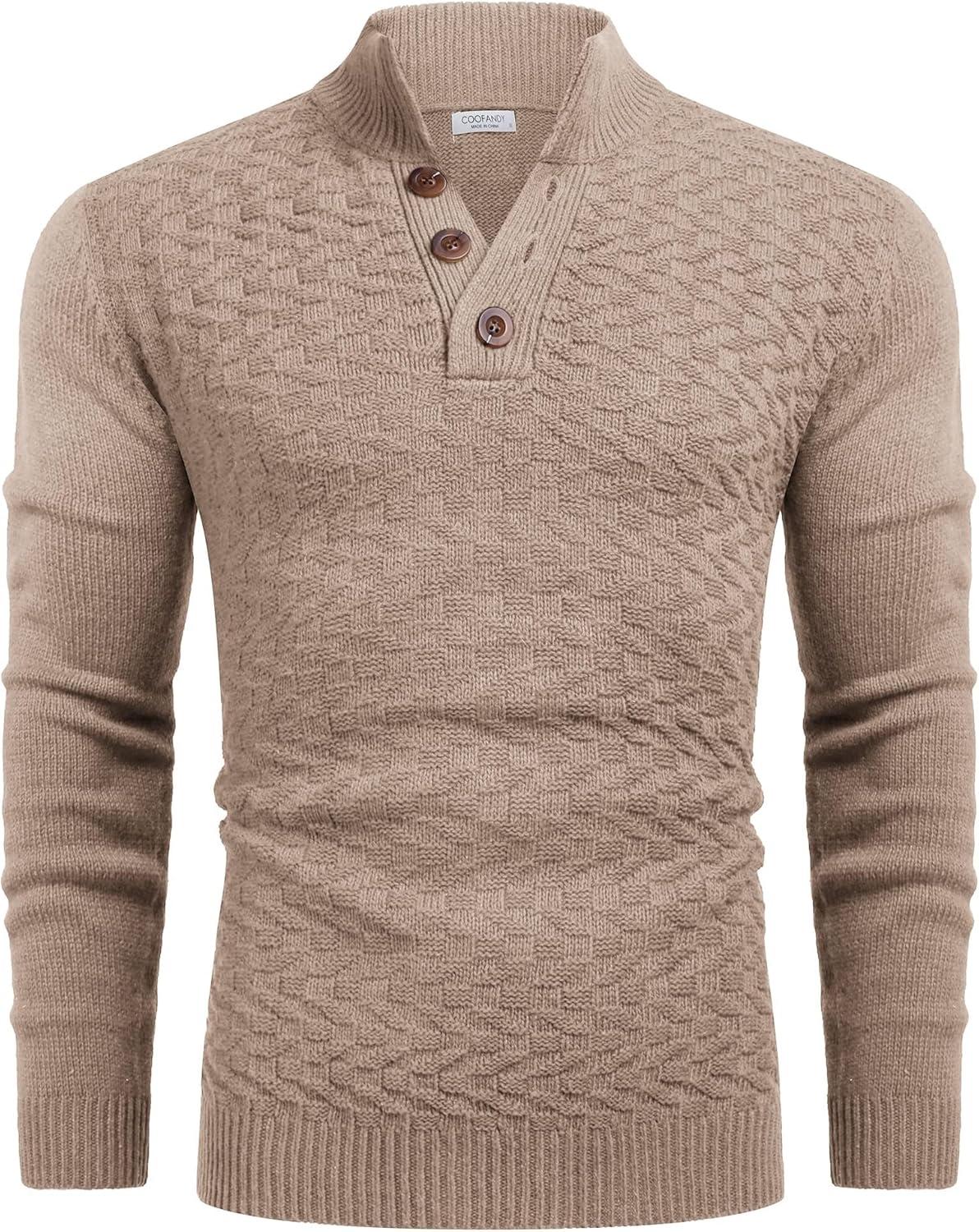 imageCOOFANDY Men Mock Neck Button Sweater Casual Knitted Sweaters Fashion Henley SweaterKhaki