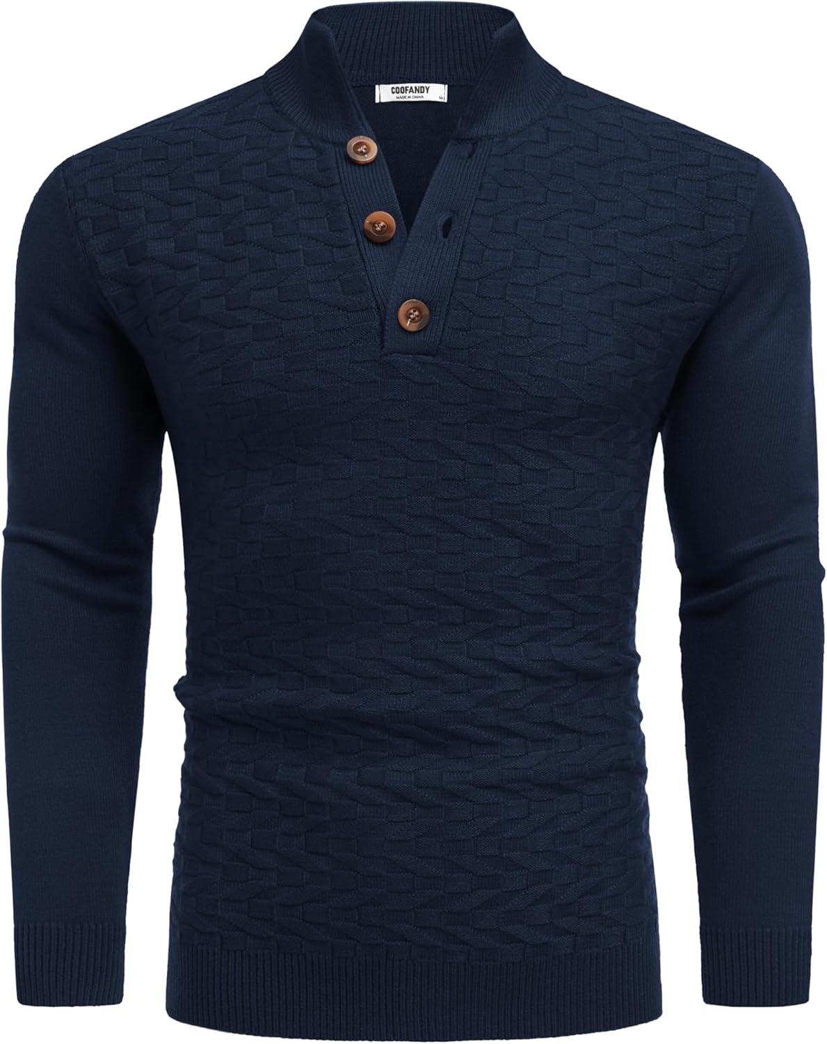 imageCOOFANDY Men Mock Neck Button Sweater Casual Knitted Sweaters Fashion Henley SweaterNavy Blue