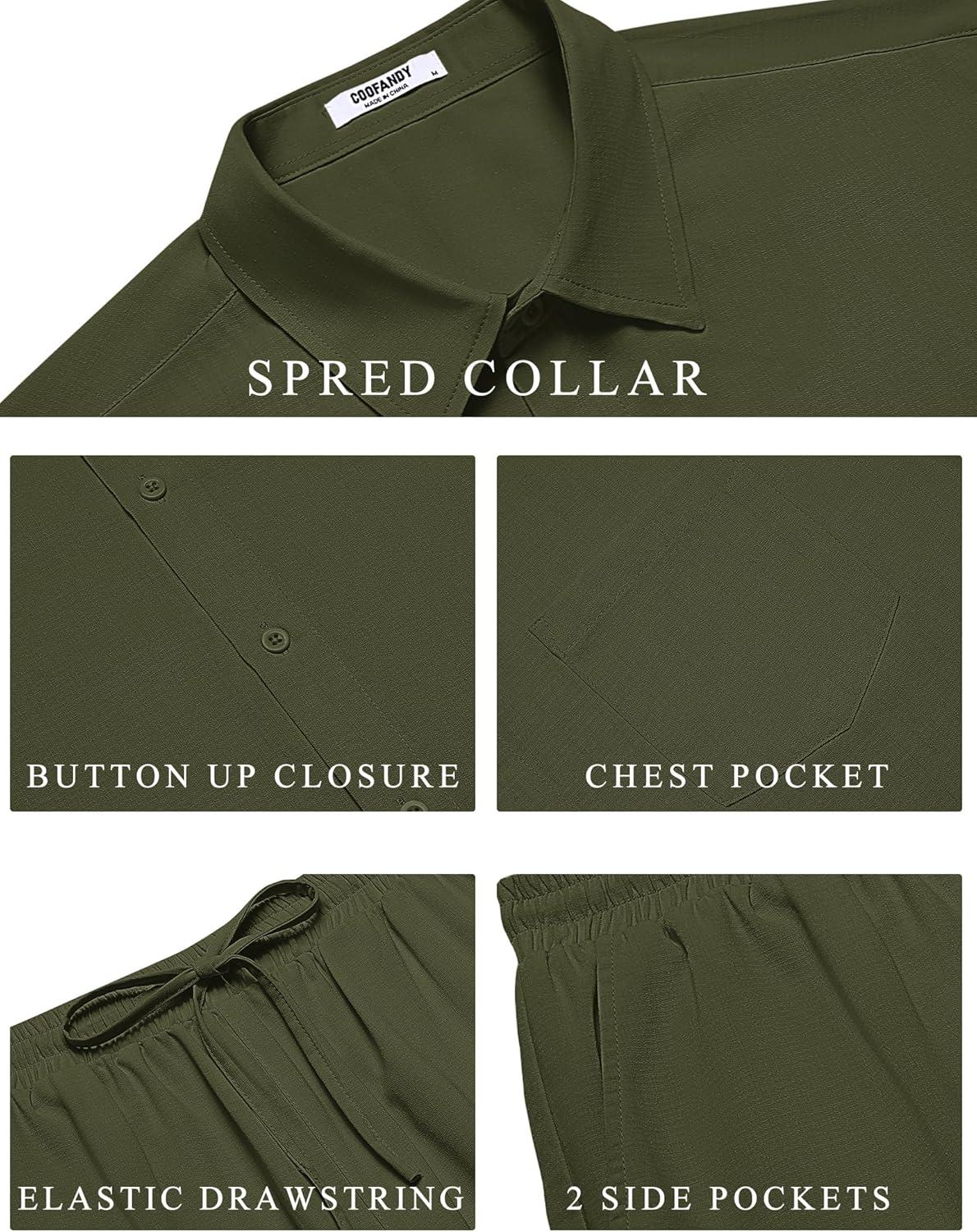 imageCOOFANDY Mens 2 Piece Casual Beach Outfits Short Sleeve Button Down Shirts Summer Loose Pant Sets Vacation Walking OutfitsArmy Green