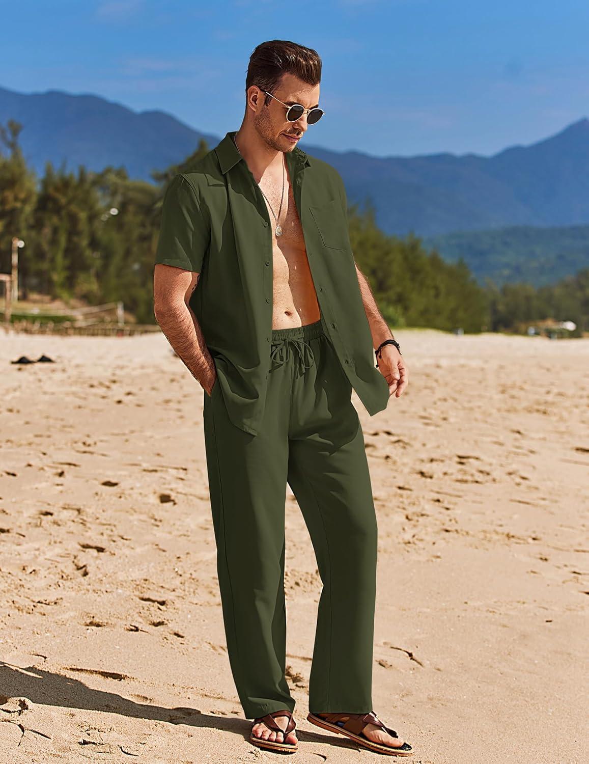 imageCOOFANDY Mens 2 Piece Casual Beach Outfits Short Sleeve Button Down Shirts Summer Loose Pant Sets Vacation Walking OutfitsArmy Green