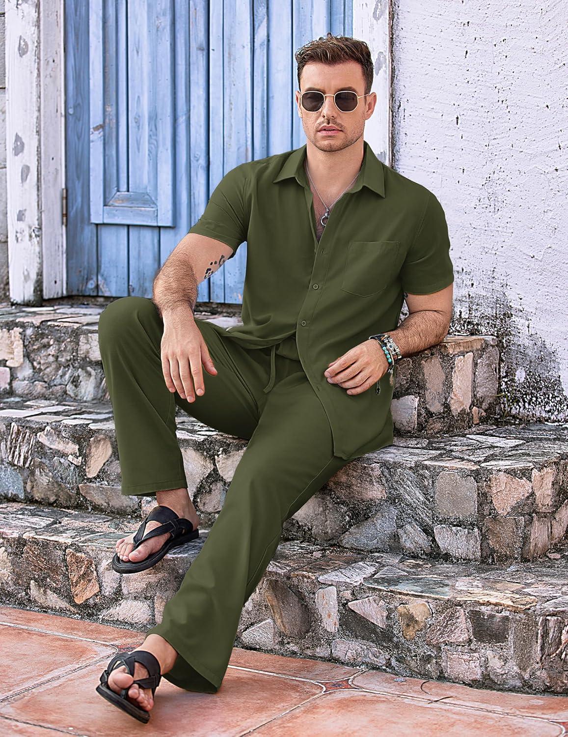 imageCOOFANDY Mens 2 Piece Casual Beach Outfits Short Sleeve Button Down Shirts Summer Loose Pant Sets Vacation Walking OutfitsArmy Green