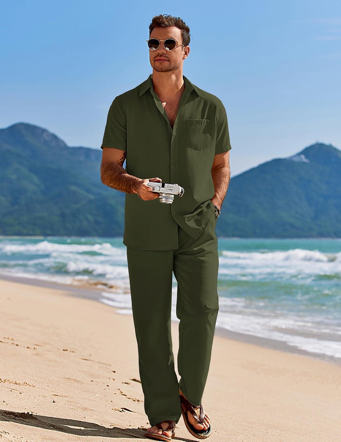 imageCOOFANDY Mens 2 Piece Casual Beach Outfits Short Sleeve Button Down Shirts Summer Loose Pant Sets Vacation Walking OutfitsArmy Green