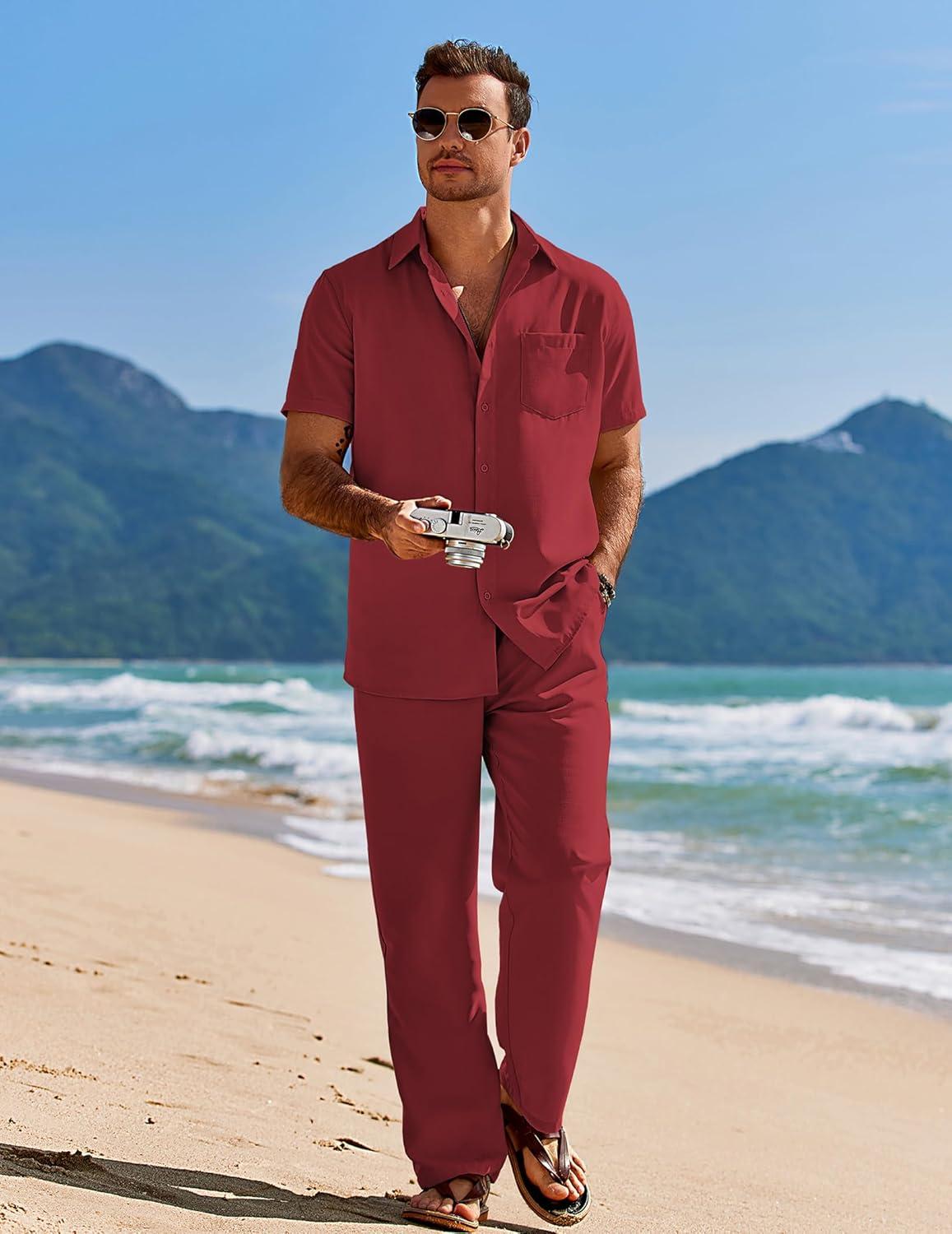 imageCOOFANDY Mens 2 Piece Casual Beach Outfits Short Sleeve Button Down Shirts Summer Loose Pant Sets Vacation Walking OutfitsWine Red
