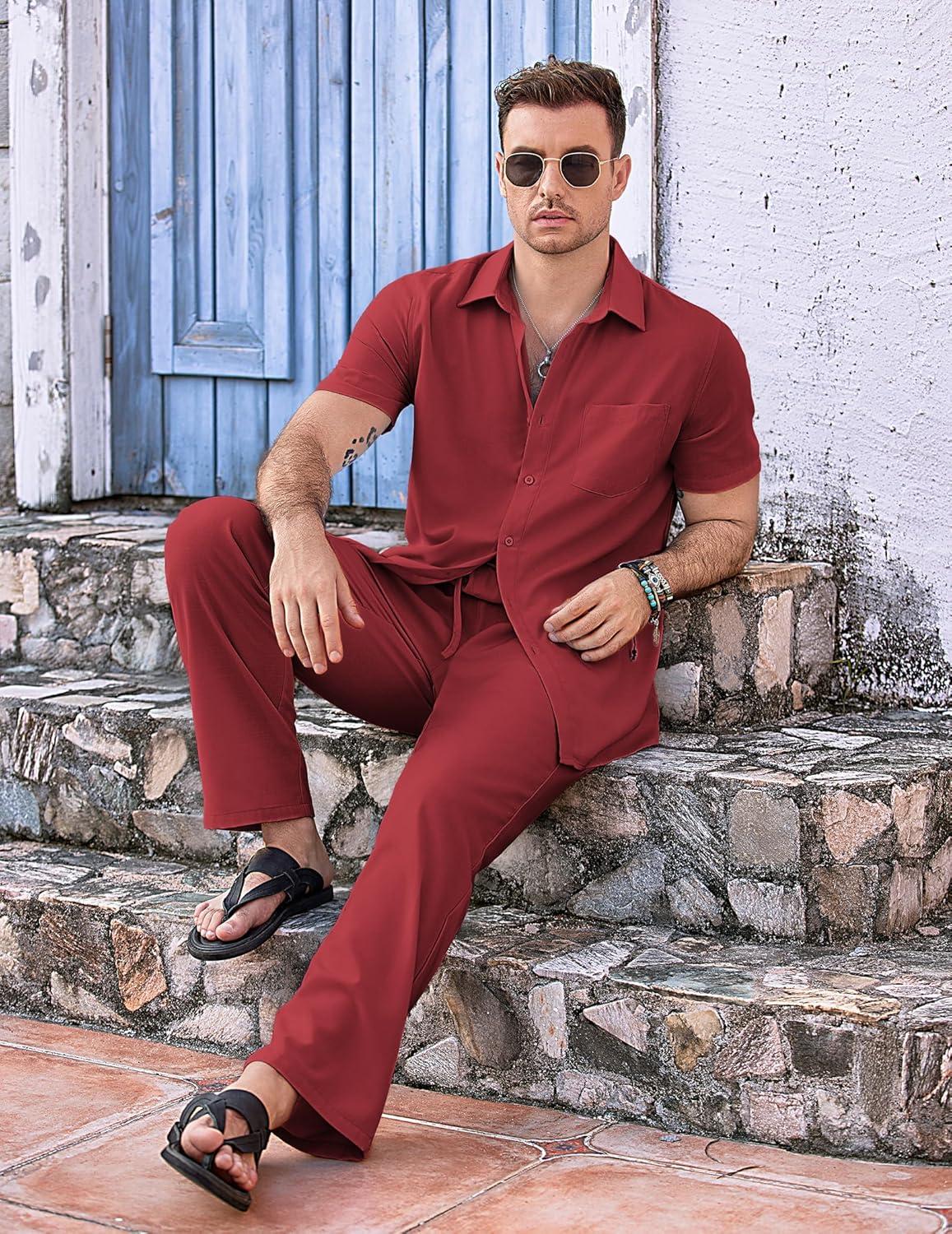 imageCOOFANDY Mens 2 Piece Casual Beach Outfits Short Sleeve Button Down Shirts Summer Loose Pant Sets Vacation Walking OutfitsWine Red