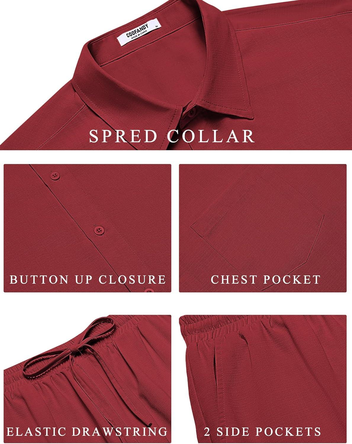 imageCOOFANDY Mens 2 Piece Casual Beach Outfits Short Sleeve Button Down Shirts Summer Loose Pant Sets Vacation Walking OutfitsWine Red