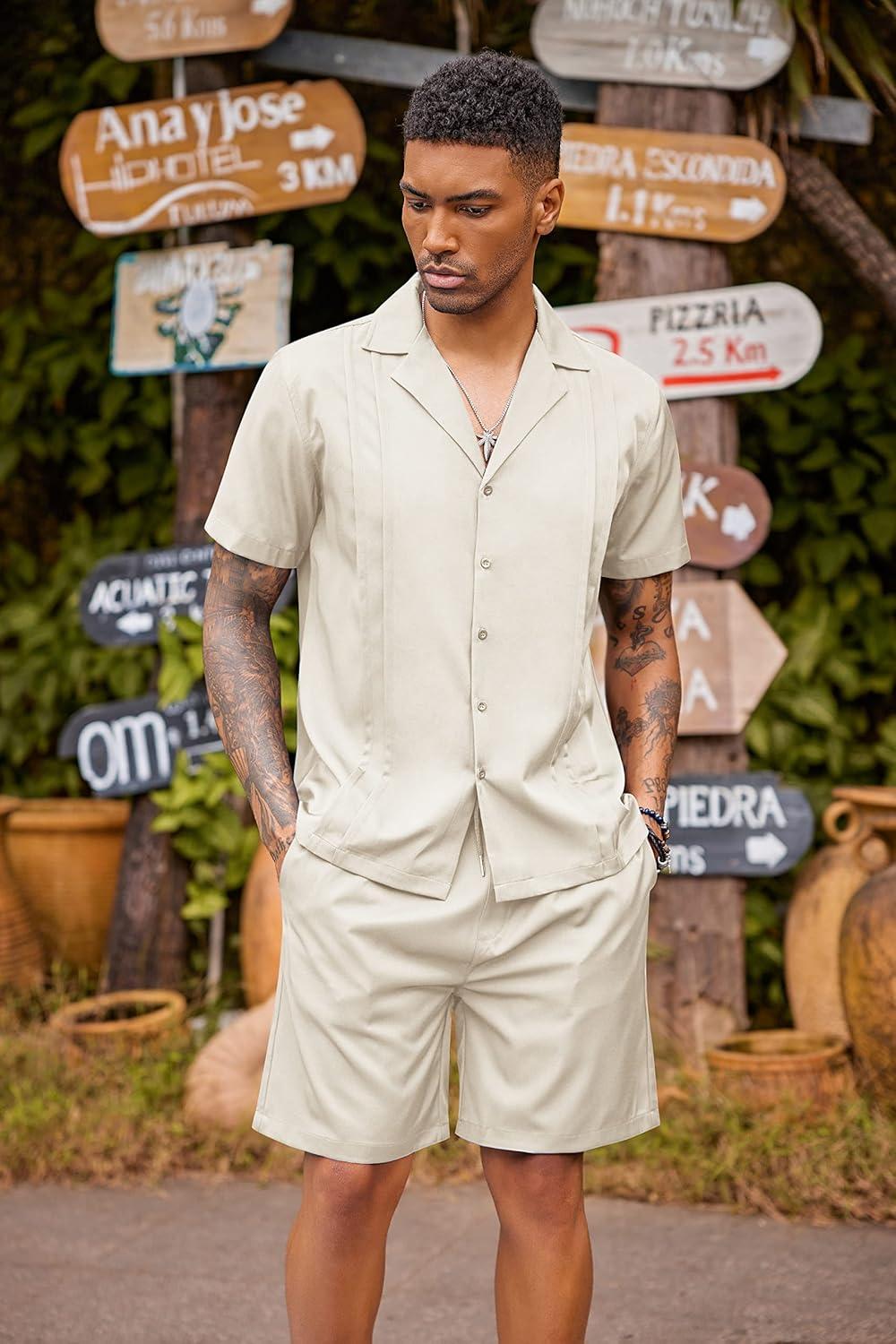 imageCOOFANDY Mens 2 Piece Short Set Guayabera Button Down Shirt Casual Summer Beach OutfitsBeige