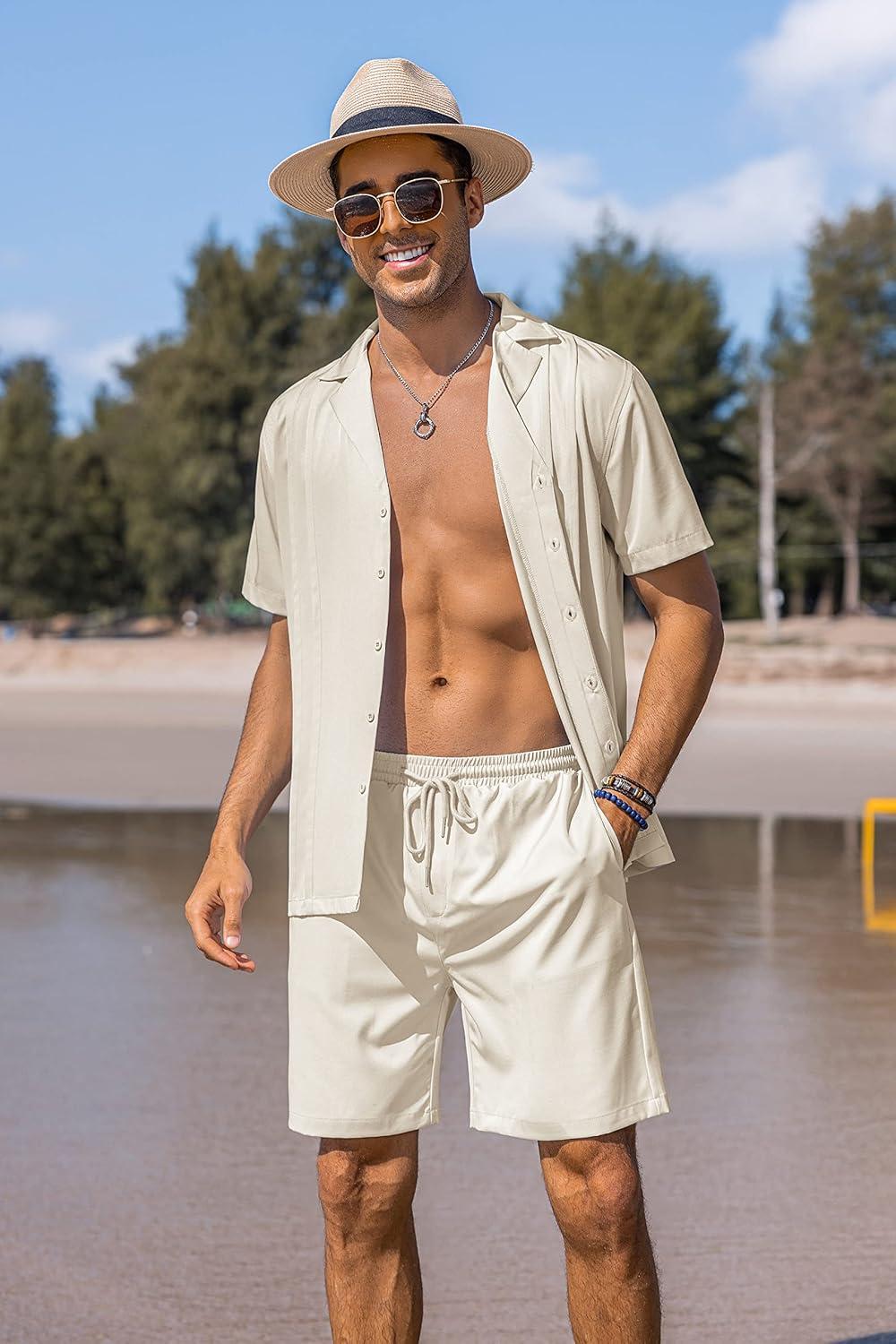 imageCOOFANDY Mens 2 Piece Short Set Guayabera Button Down Shirt Casual Summer Beach OutfitsBeige