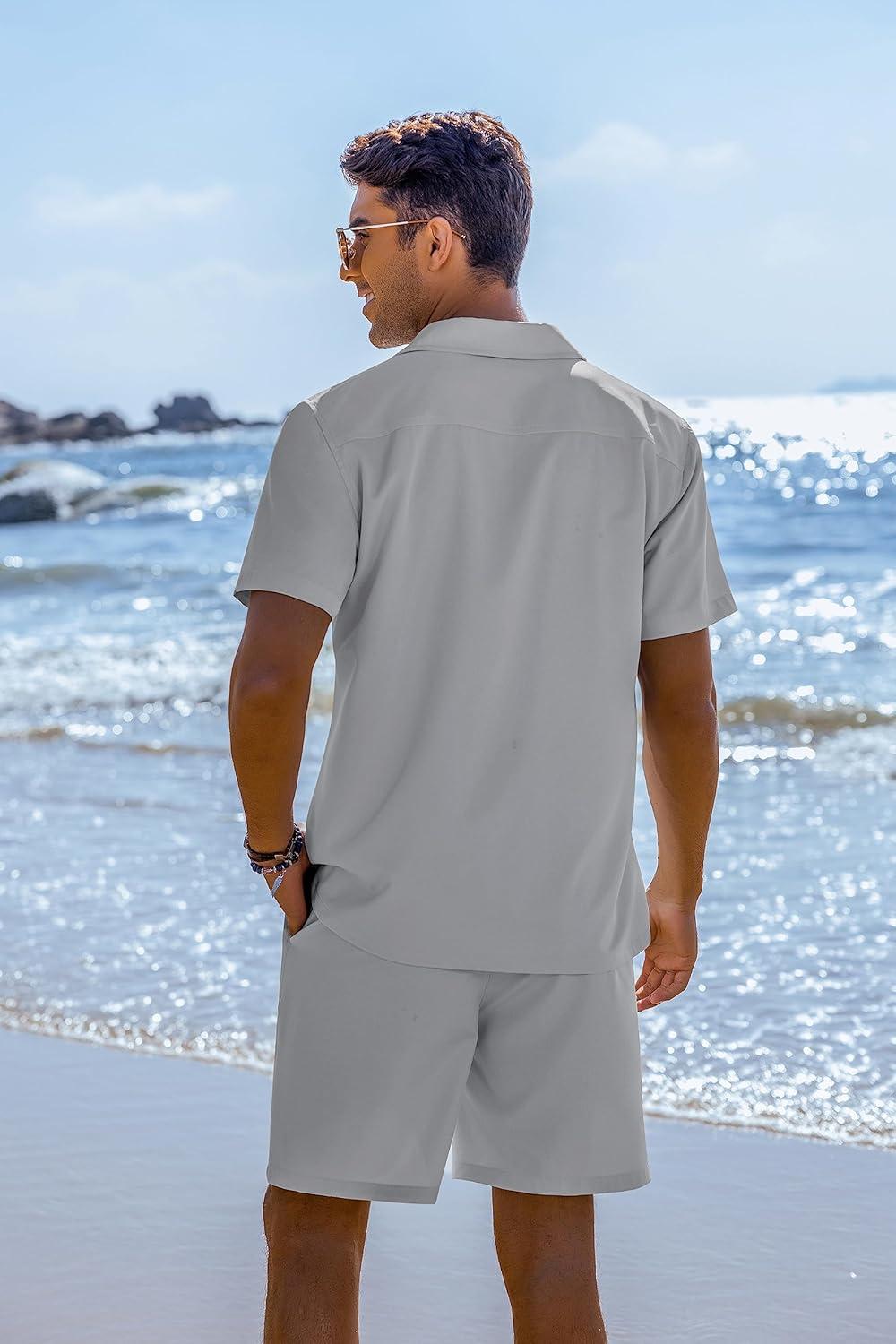 imageCOOFANDY Mens 2 Piece Short Set Guayabera Button Down Shirt Casual Summer Beach OutfitsLight Gray