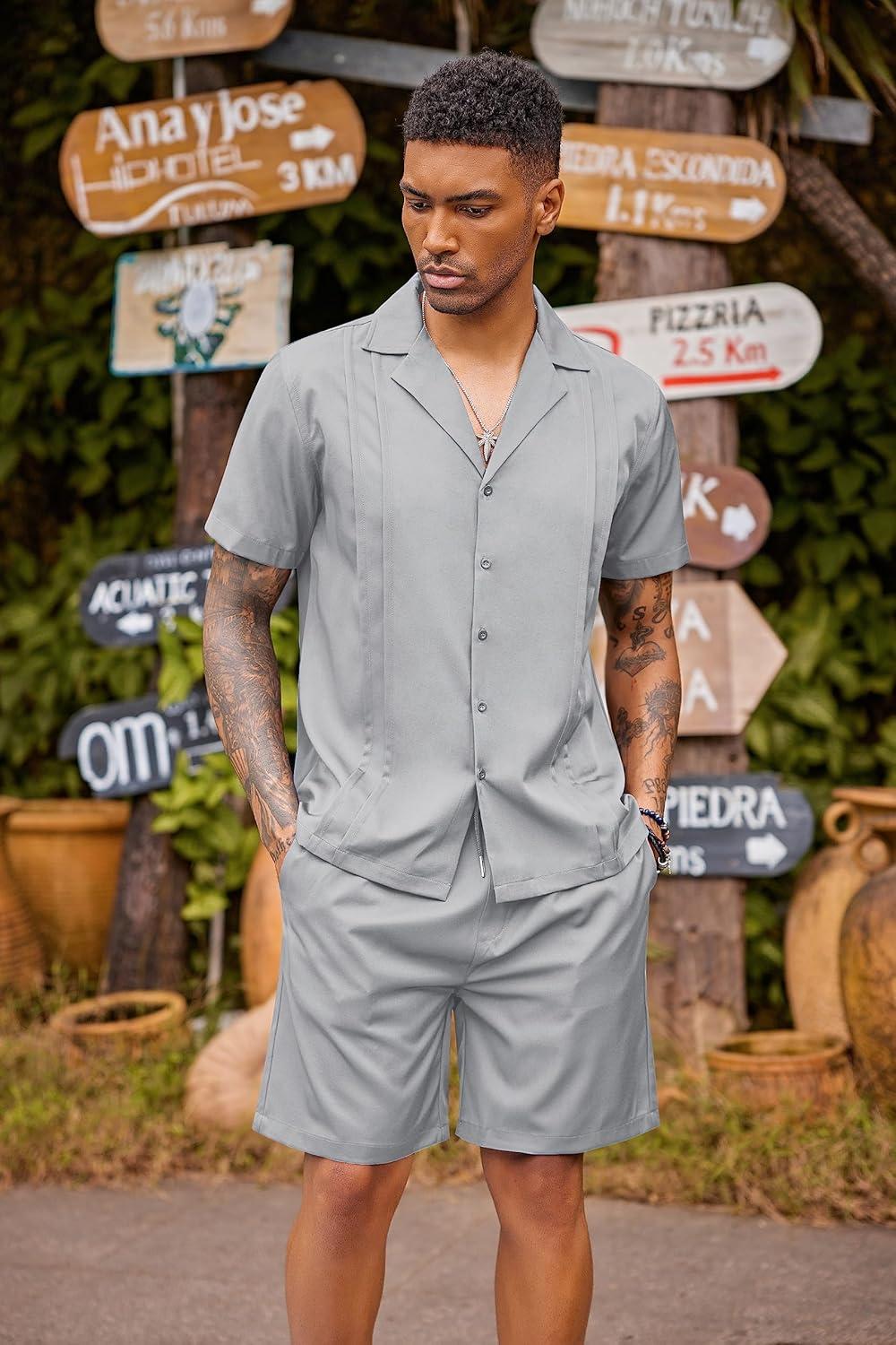 imageCOOFANDY Mens 2 Piece Short Set Guayabera Button Down Shirt Casual Summer Beach OutfitsLight Gray