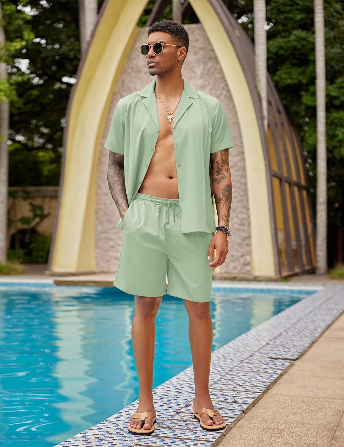 imageCOOFANDY Mens 2 Piece Short Set Guayabera Button Down Shirt Casual Summer Beach OutfitsLight Green