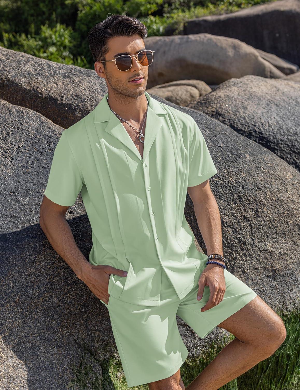imageCOOFANDY Mens 2 Piece Short Set Guayabera Button Down Shirt Casual Summer Beach OutfitsLight Green