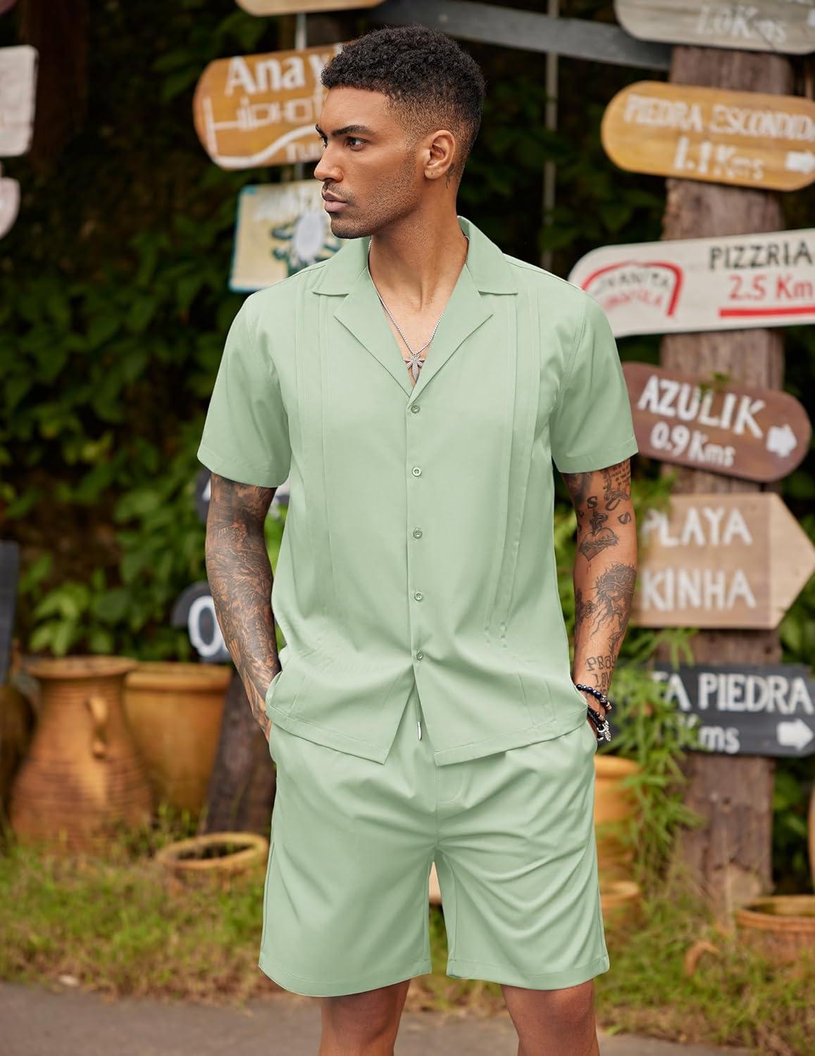 imageCOOFANDY Mens 2 Piece Short Set Guayabera Button Down Shirt Casual Summer Beach OutfitsLight Green
