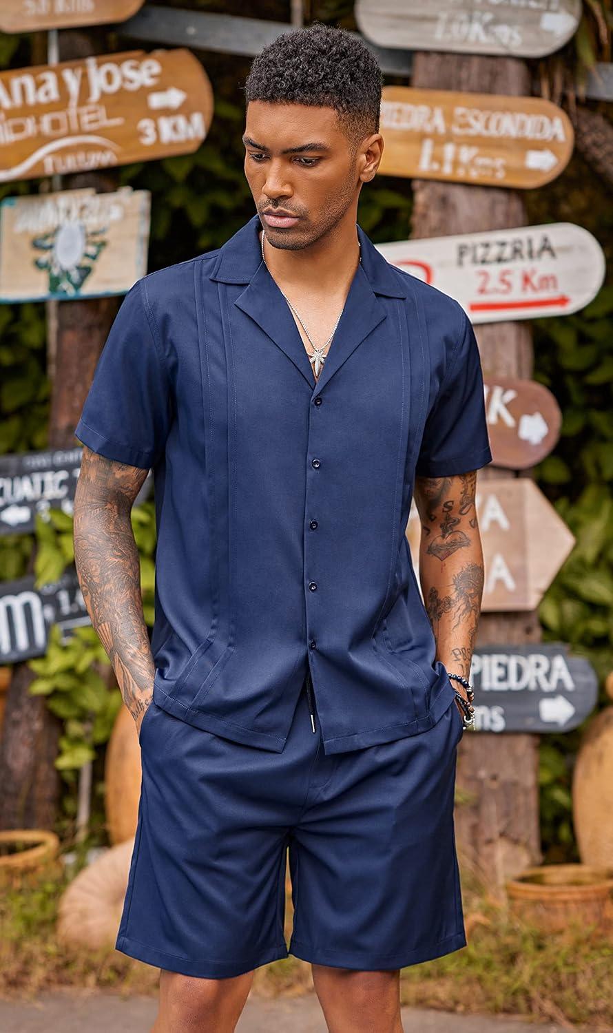 imageCOOFANDY Mens 2 Piece Short Set Guayabera Button Down Shirt Casual Summer Beach OutfitsNavy Blue