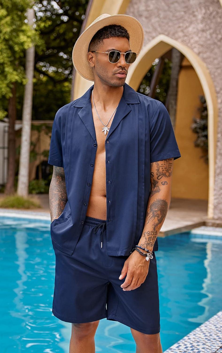 imageCOOFANDY Mens 2 Piece Short Set Guayabera Button Down Shirt Casual Summer Beach OutfitsNavy Blue
