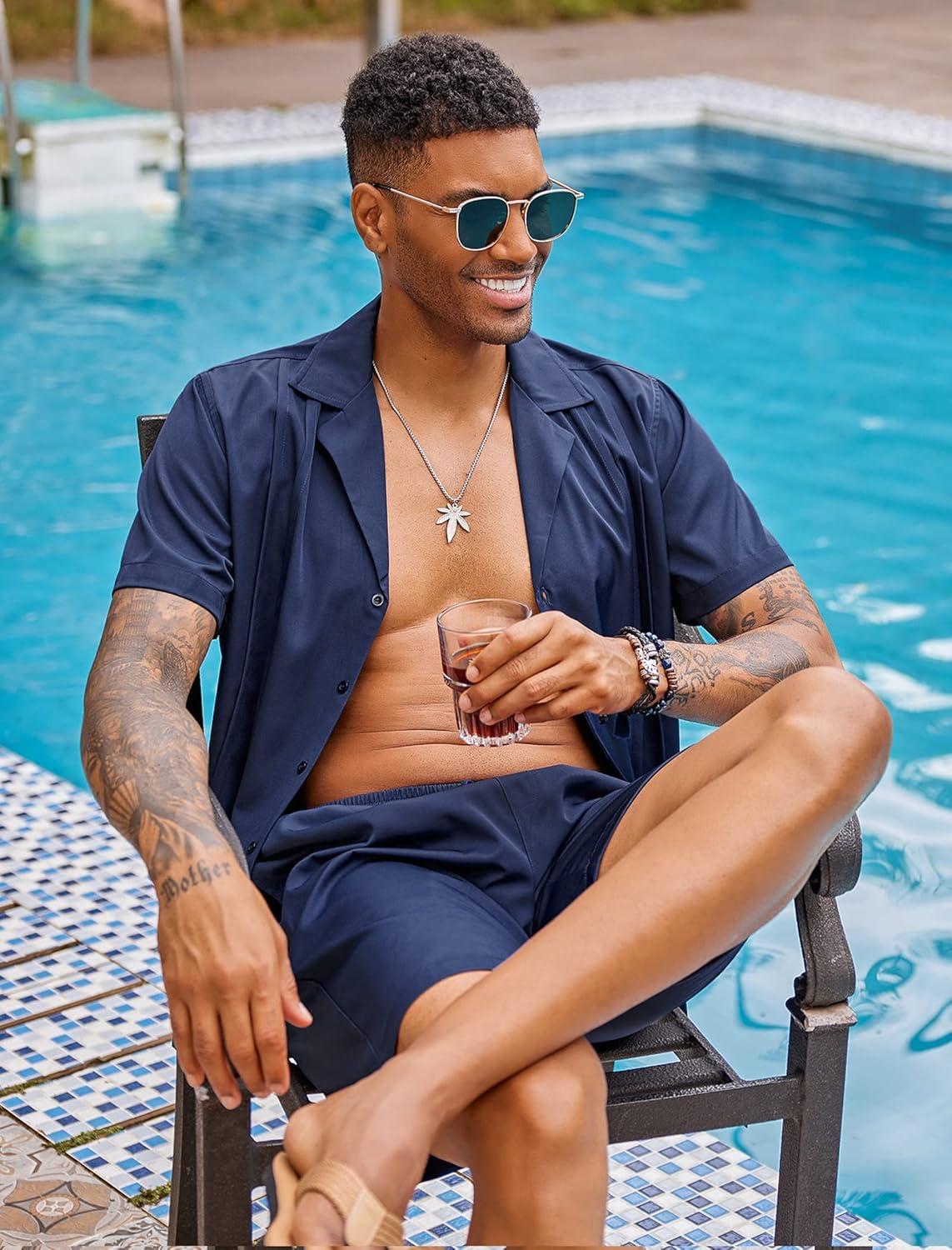 imageCOOFANDY Mens 2 Piece Short Set Guayabera Button Down Shirt Casual Summer Beach OutfitsNavy Blue