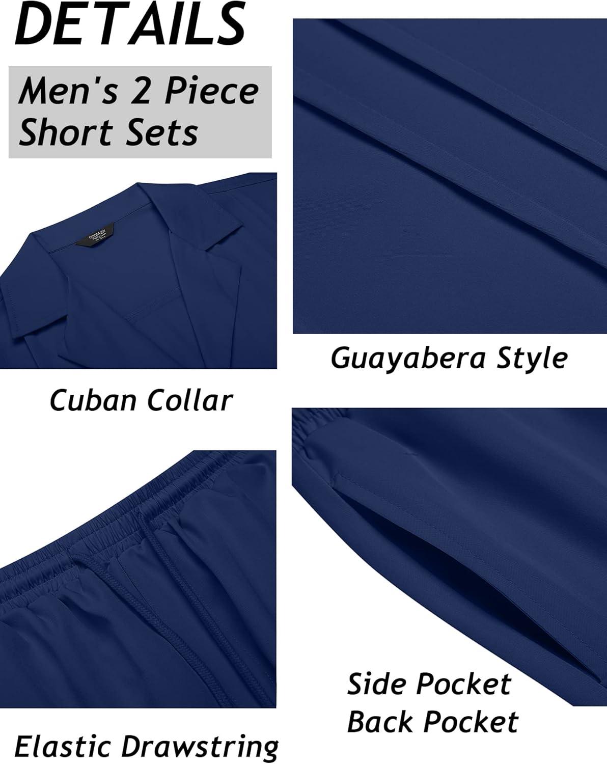 imageCOOFANDY Mens 2 Piece Short Set Guayabera Button Down Shirt Casual Summer Beach OutfitsNavy Blue