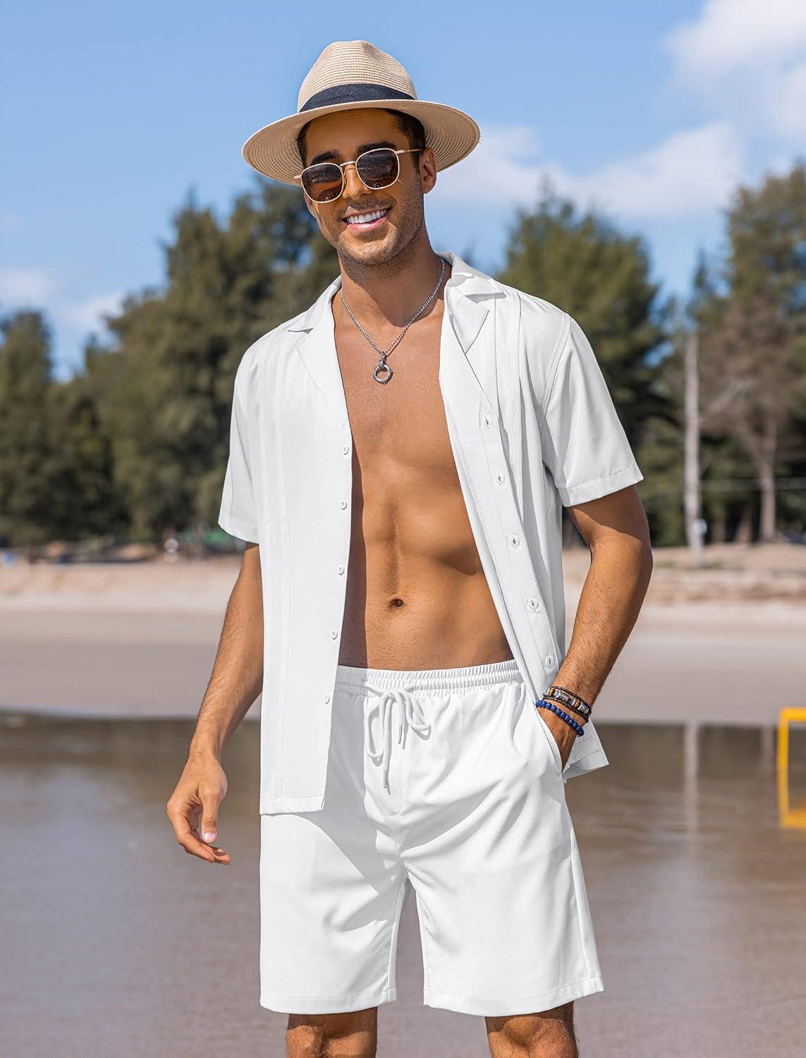 imageCOOFANDY Mens 2 Piece Short Set Guayabera Button Down Shirt Casual Summer Beach OutfitsWhite