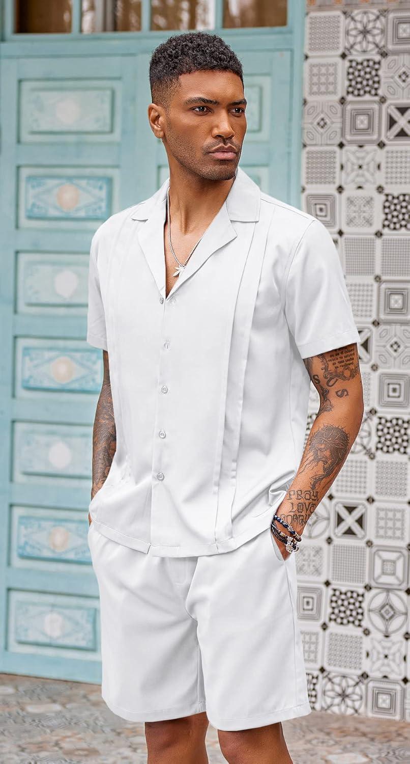 imageCOOFANDY Mens 2 Piece Short Set Guayabera Button Down Shirt Casual Summer Beach OutfitsWhite