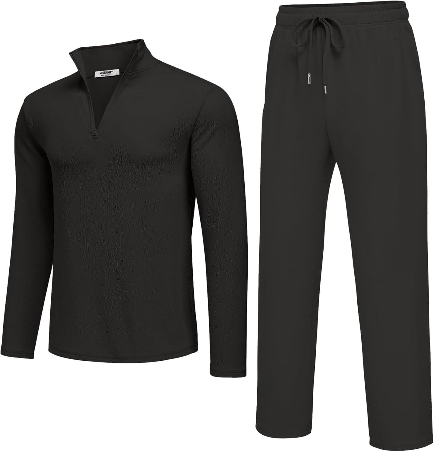 imageCOOFANDY Mens 2 Piece Tracksuit Set Quarter Zip Sweatsuit Athletic Running Suit Sets Long Sleeve Casual OutfitsAll Black