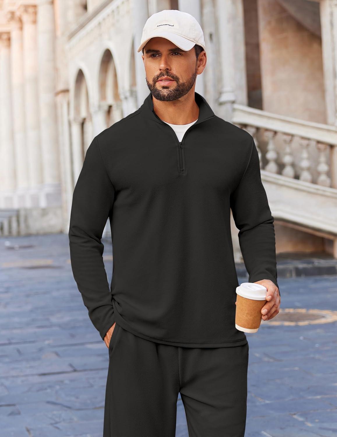 imageCOOFANDY Mens 2 Piece Tracksuit Set Quarter Zip Sweatsuit Athletic Running Suit Sets Long Sleeve Casual OutfitsAll Black