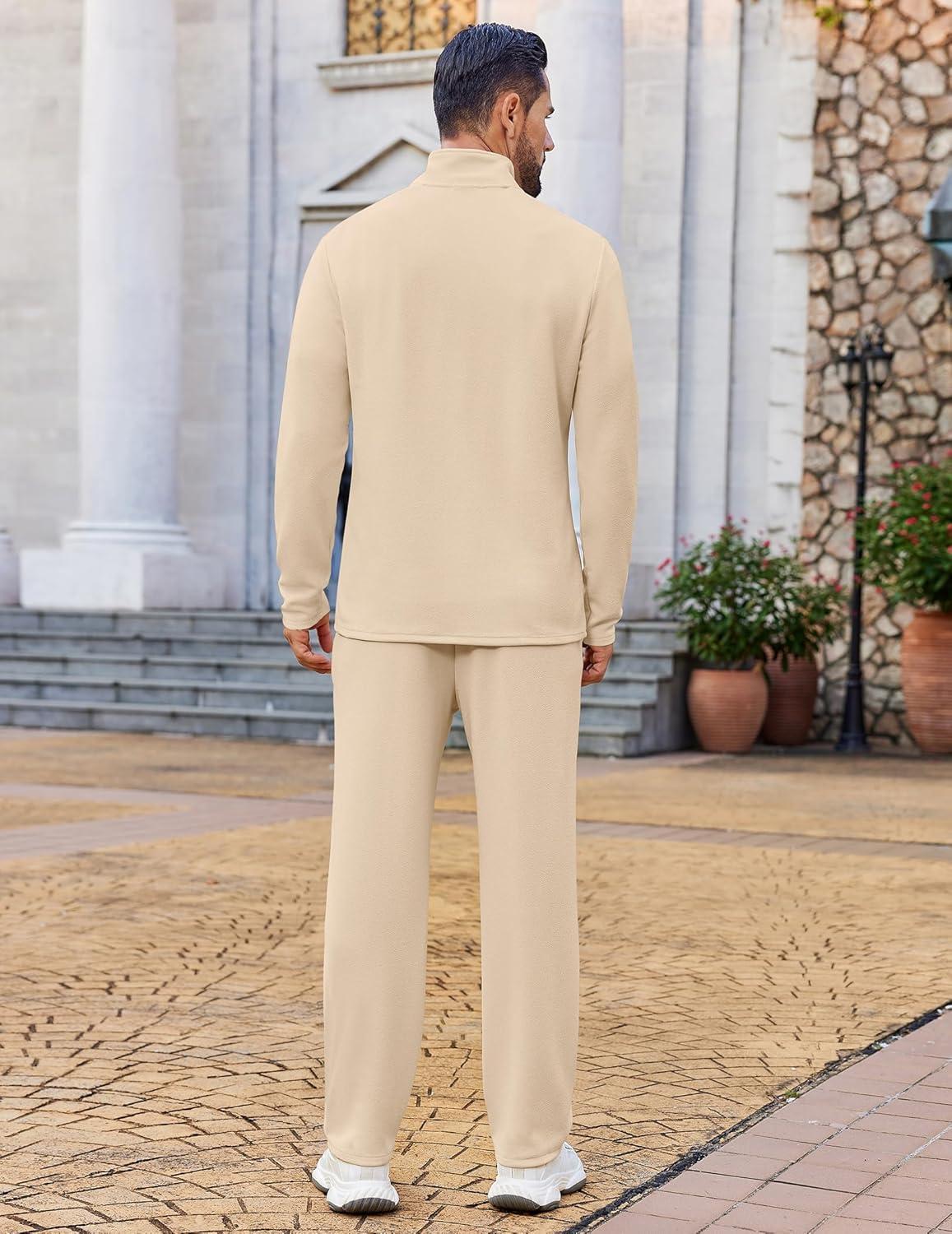 imageCOOFANDY Mens 2 Piece Tracksuit Set Quarter Zip Sweatsuit Athletic Running Suit Sets Long Sleeve Casual OutfitsBeige