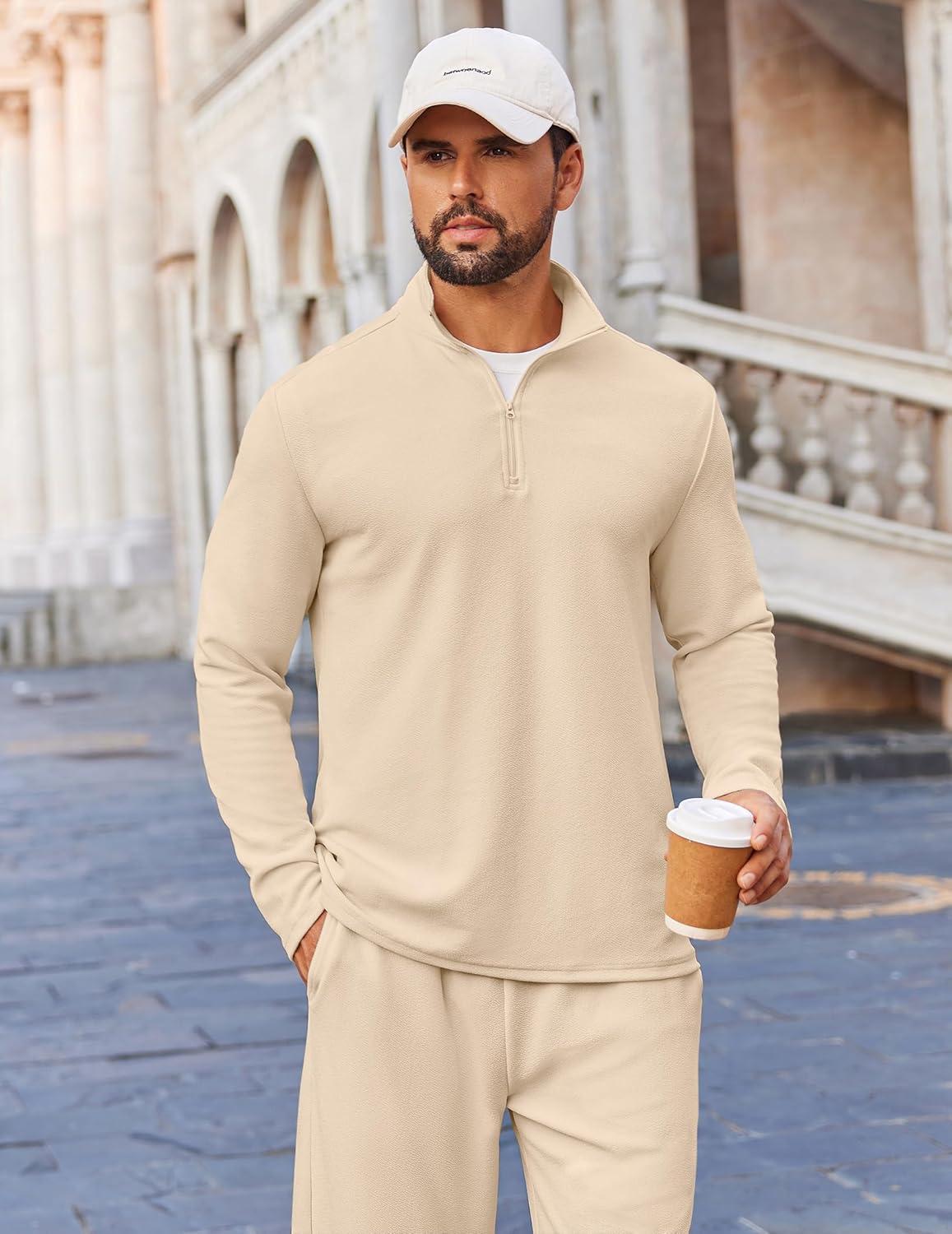 imageCOOFANDY Mens 2 Piece Tracksuit Set Quarter Zip Sweatsuit Athletic Running Suit Sets Long Sleeve Casual OutfitsBeige