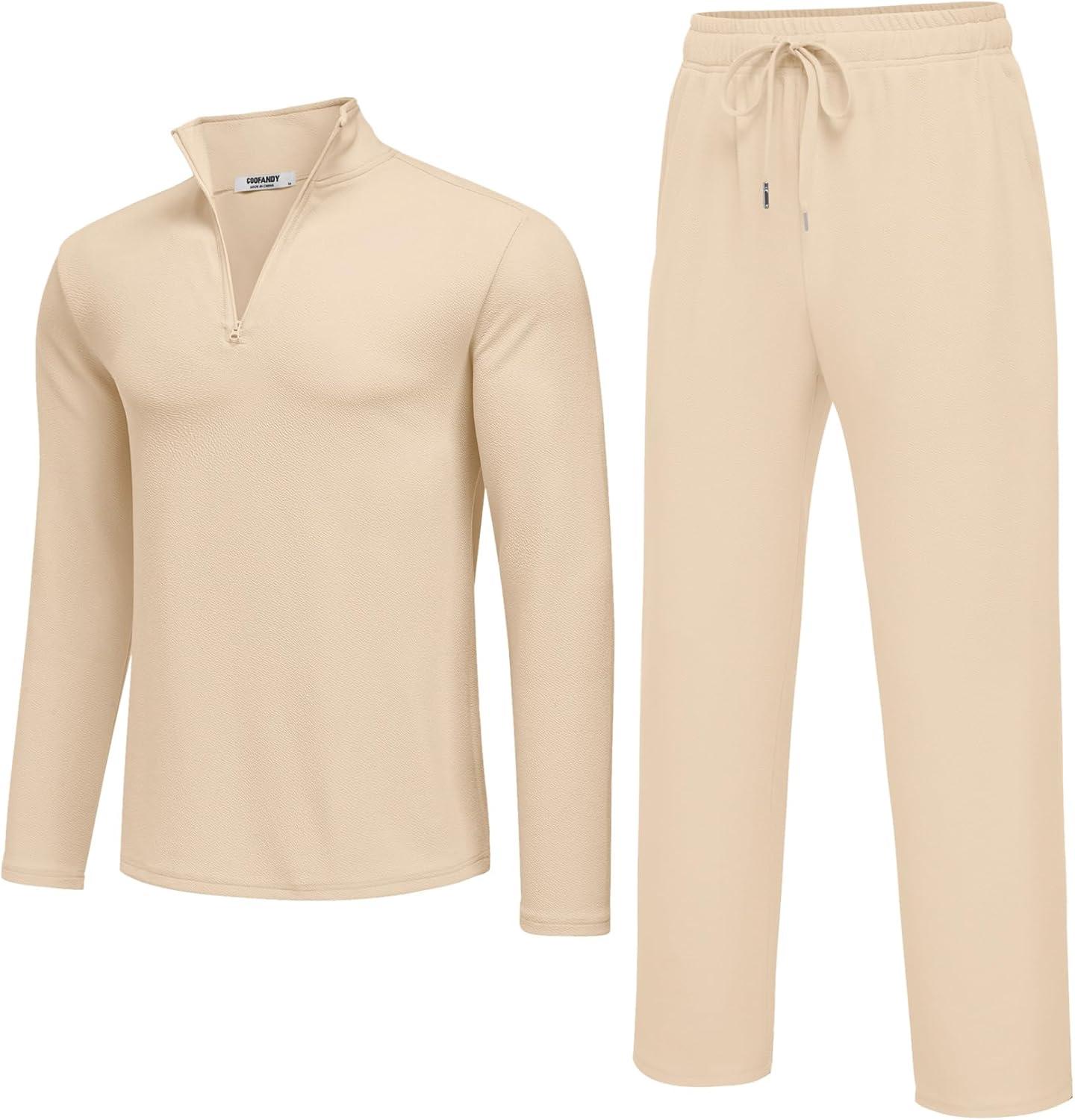 imageCOOFANDY Mens 2 Piece Tracksuit Set Quarter Zip Sweatsuit Athletic Running Suit Sets Long Sleeve Casual OutfitsBeige