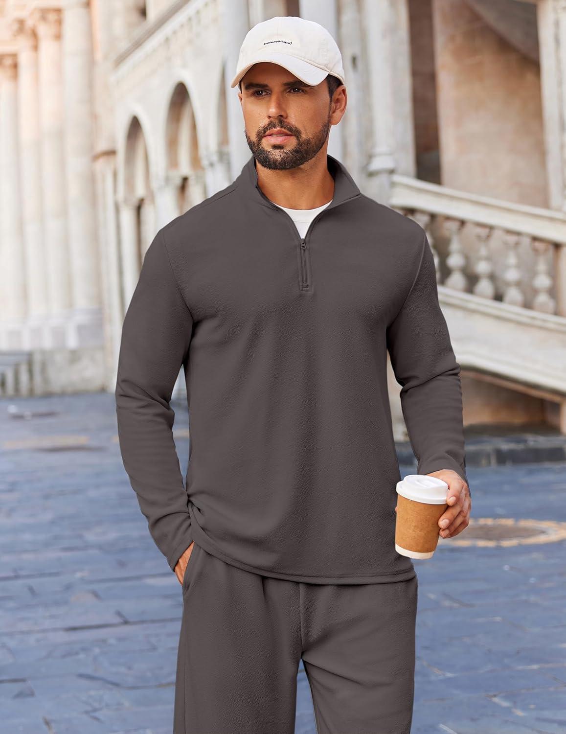 imageCOOFANDY Mens 2 Piece Tracksuit Set Quarter Zip Sweatsuit Athletic Running Suit Sets Long Sleeve Casual OutfitsDark Grey