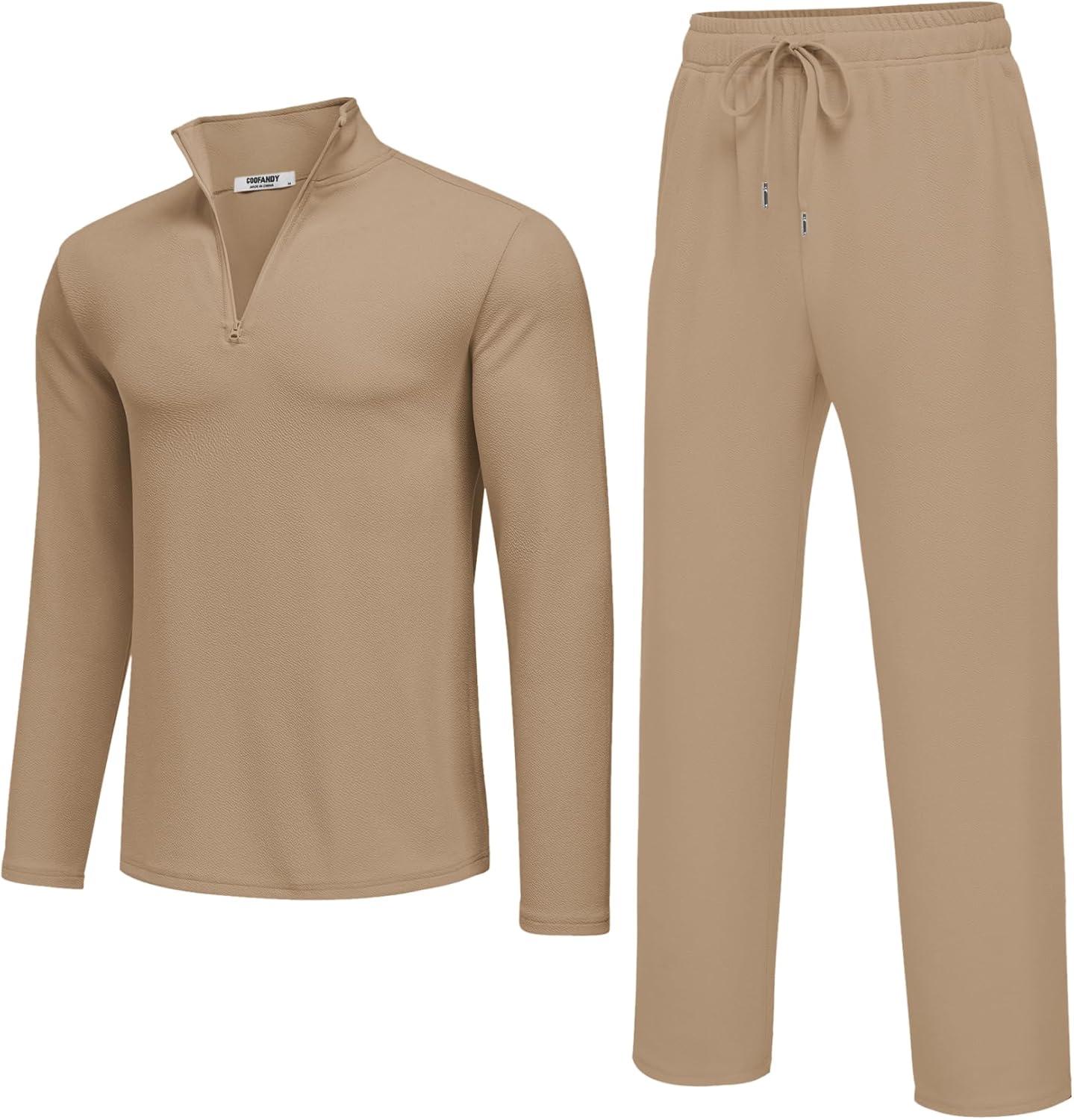 imageCOOFANDY Mens 2 Piece Tracksuit Set Quarter Zip Sweatsuit Athletic Running Suit Sets Long Sleeve Casual OutfitsKhaki