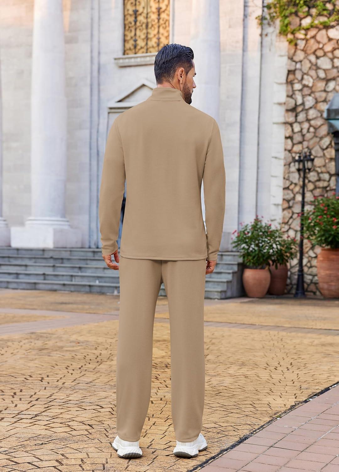 imageCOOFANDY Mens 2 Piece Tracksuit Set Quarter Zip Sweatsuit Athletic Running Suit Sets Long Sleeve Casual OutfitsKhaki