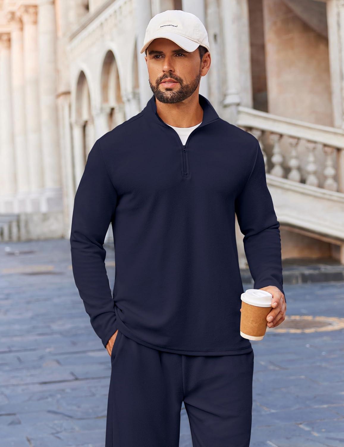 imageCOOFANDY Mens 2 Piece Tracksuit Set Quarter Zip Sweatsuit Athletic Running Suit Sets Long Sleeve Casual OutfitsNavy Blue