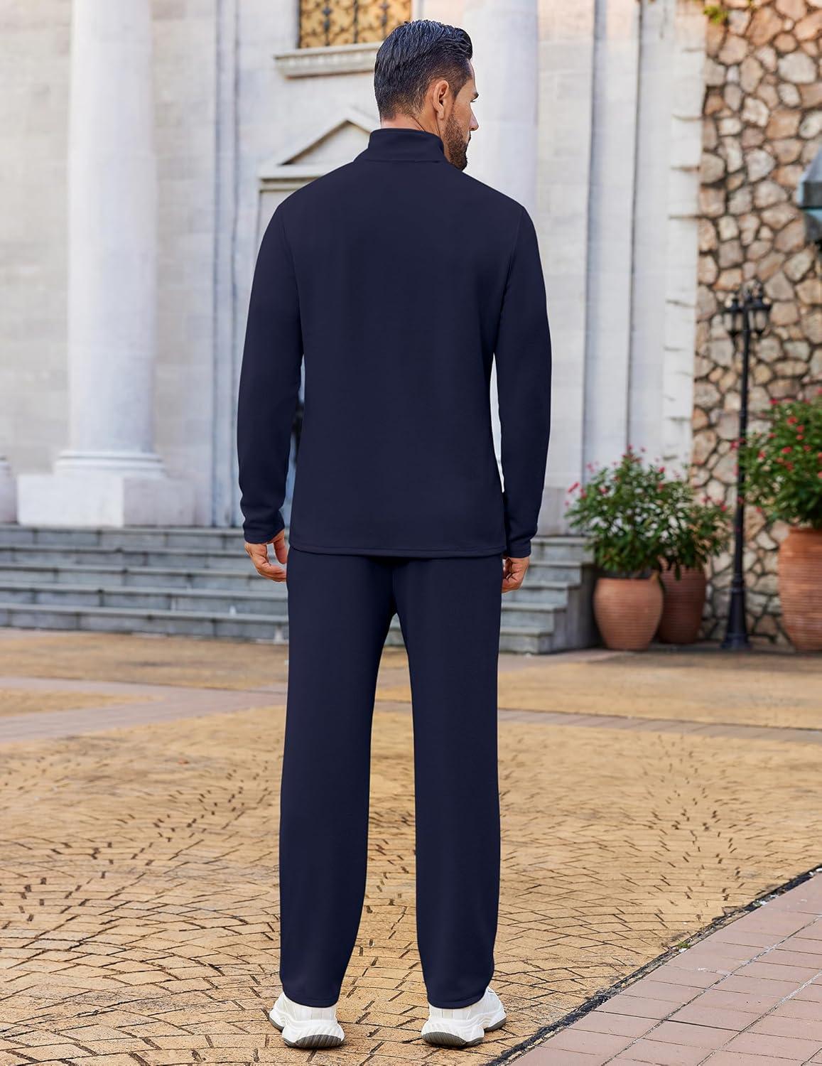 imageCOOFANDY Mens 2 Piece Tracksuit Set Quarter Zip Sweatsuit Athletic Running Suit Sets Long Sleeve Casual OutfitsNavy Blue