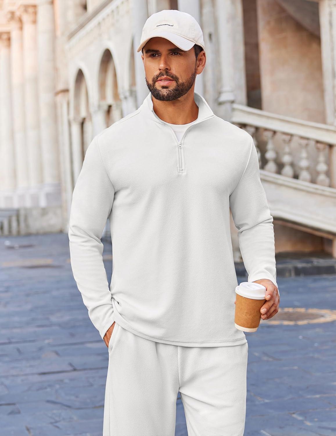 imageCOOFANDY Mens 2 Piece Tracksuit Set Quarter Zip Sweatsuit Athletic Running Suit Sets Long Sleeve Casual OutfitsWhite