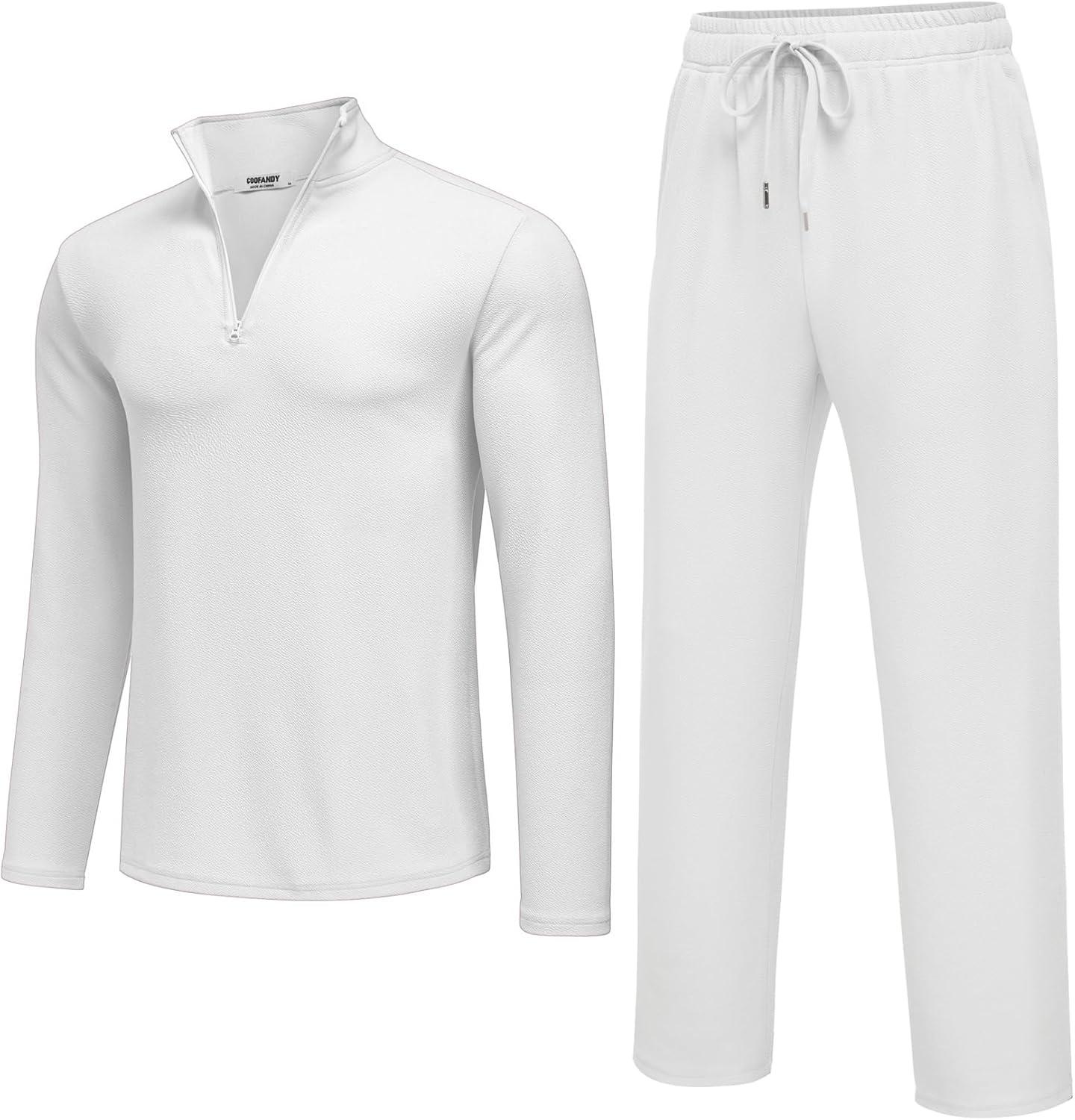 imageCOOFANDY Mens 2 Piece Tracksuit Set Quarter Zip Sweatsuit Athletic Running Suit Sets Long Sleeve Casual OutfitsWhite