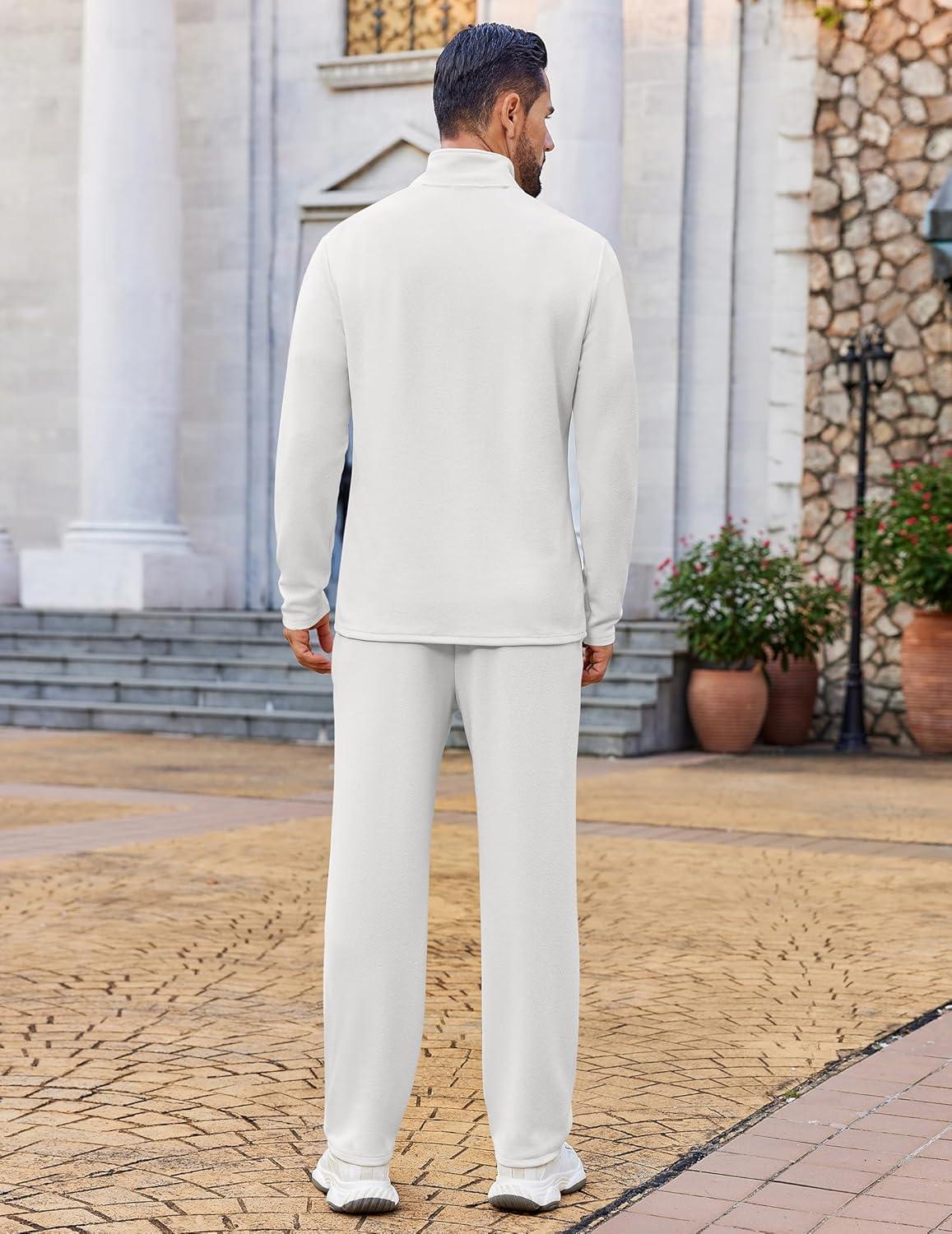 imageCOOFANDY Mens 2 Piece Tracksuit Set Quarter Zip Sweatsuit Athletic Running Suit Sets Long Sleeve Casual OutfitsWhite