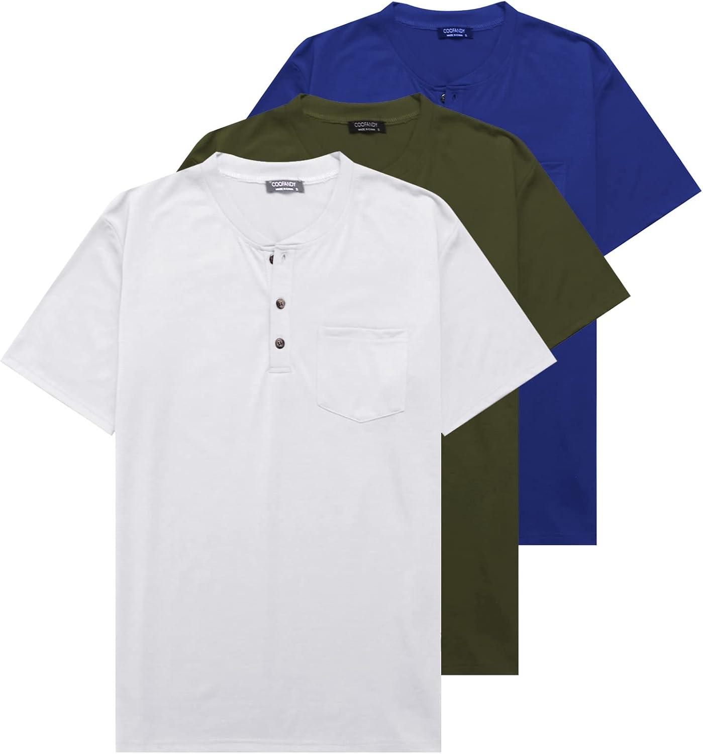 imageCOOFANDY Mens 3 Pack Henley Shirts Short Sleeve Casual Basic Tees Classic Henley Summer Solid T Shirts with PocketArmy GreenWhiteBlue