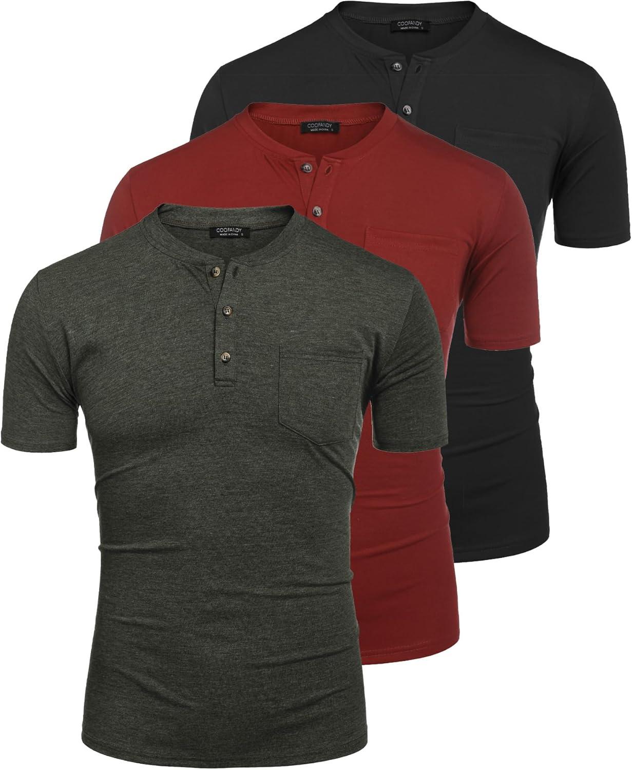 imageCOOFANDY Mens 3 Pack Henley Shirts Short Sleeve Casual Basic Tees Classic Henley Summer Solid T Shirts with PocketBlackWineDark Grey