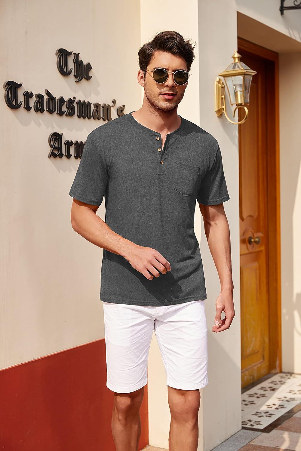 imageCOOFANDY Mens 3 Pack Henley Shirts Short Sleeve Casual Basic Tees Classic Henley Summer Solid T Shirts with PocketBlackWineDark Grey