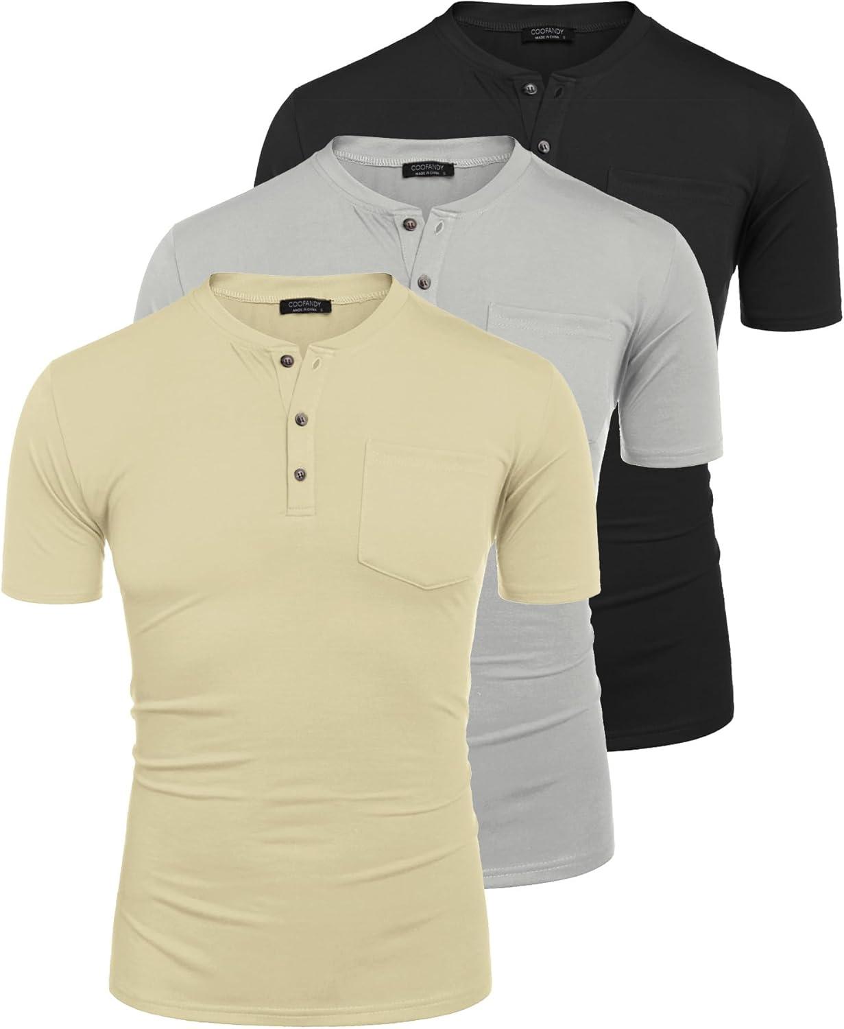 imageCOOFANDY Mens 3 Pack Henley Shirts Short Sleeve Casual Basic Tees Classic Henley Summer Solid T Shirts with PocketGreyDark GreyBlack