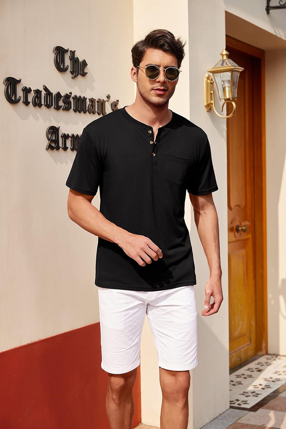 imageCOOFANDY Mens 3 Pack Henley Shirts Short Sleeve Casual Basic Tees Classic Henley Summer Solid T Shirts with PocketGreyDark GreyBlack