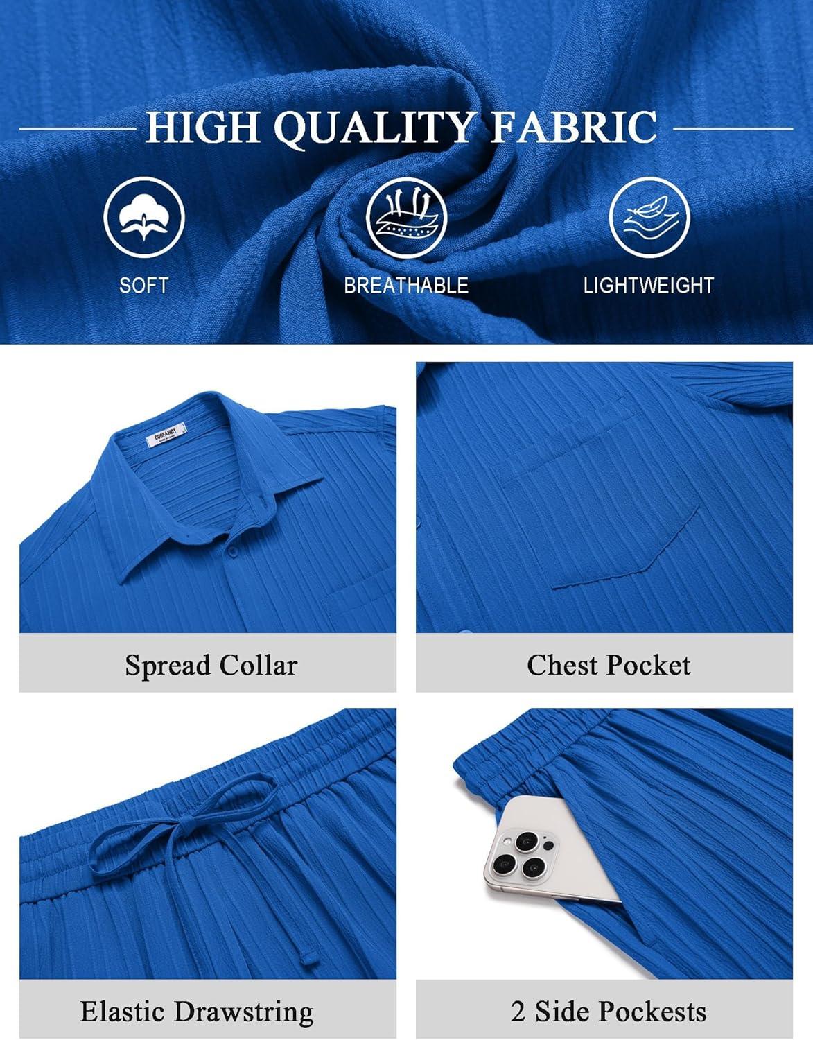 imageCOOFANDY Mens Beach Outfits 2 Piece Sets Casual Short Sleeve Button Down Summer Textured ShirtBlue