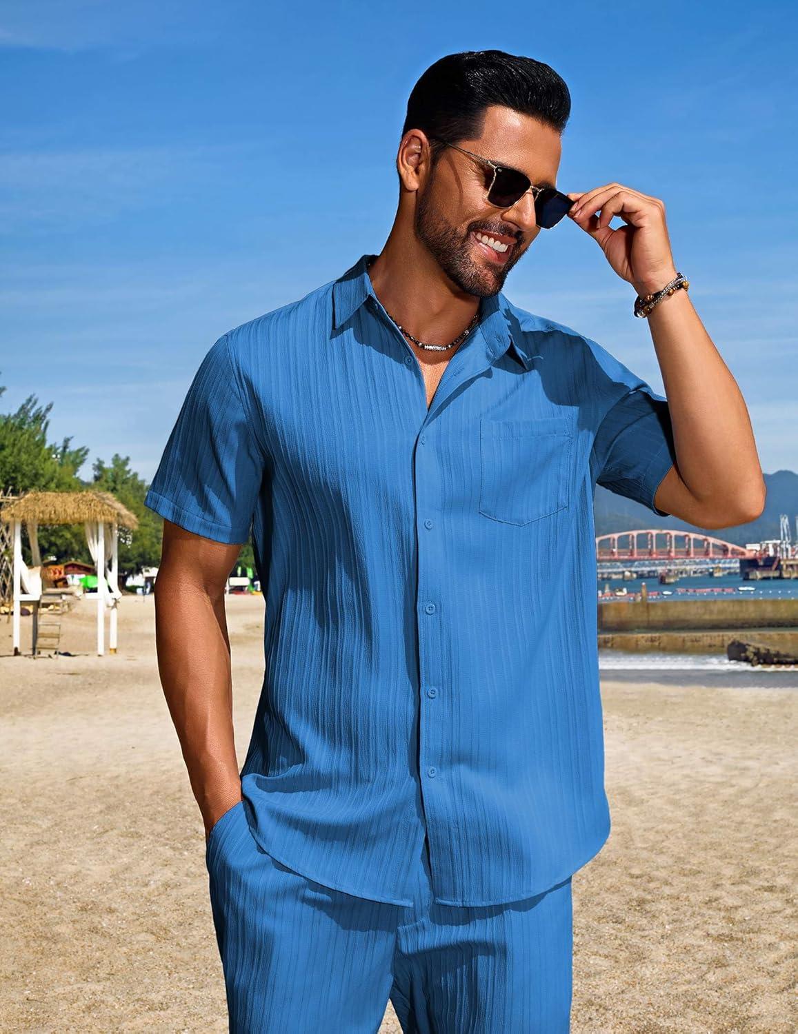 imageCOOFANDY Mens Beach Outfits 2 Piece Sets Casual Short Sleeve Button Down Summer Textured ShirtBlue