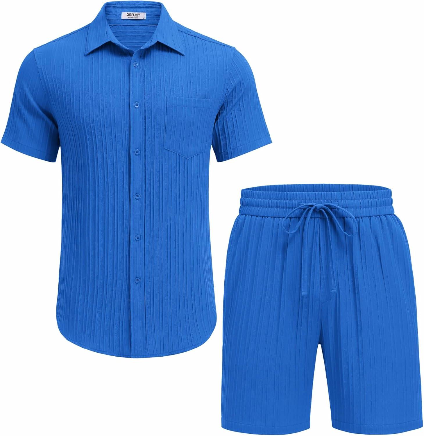 imageCOOFANDY Mens Beach Outfits 2 Piece Sets Casual Short Sleeve Button Down Summer Textured ShirtBlue