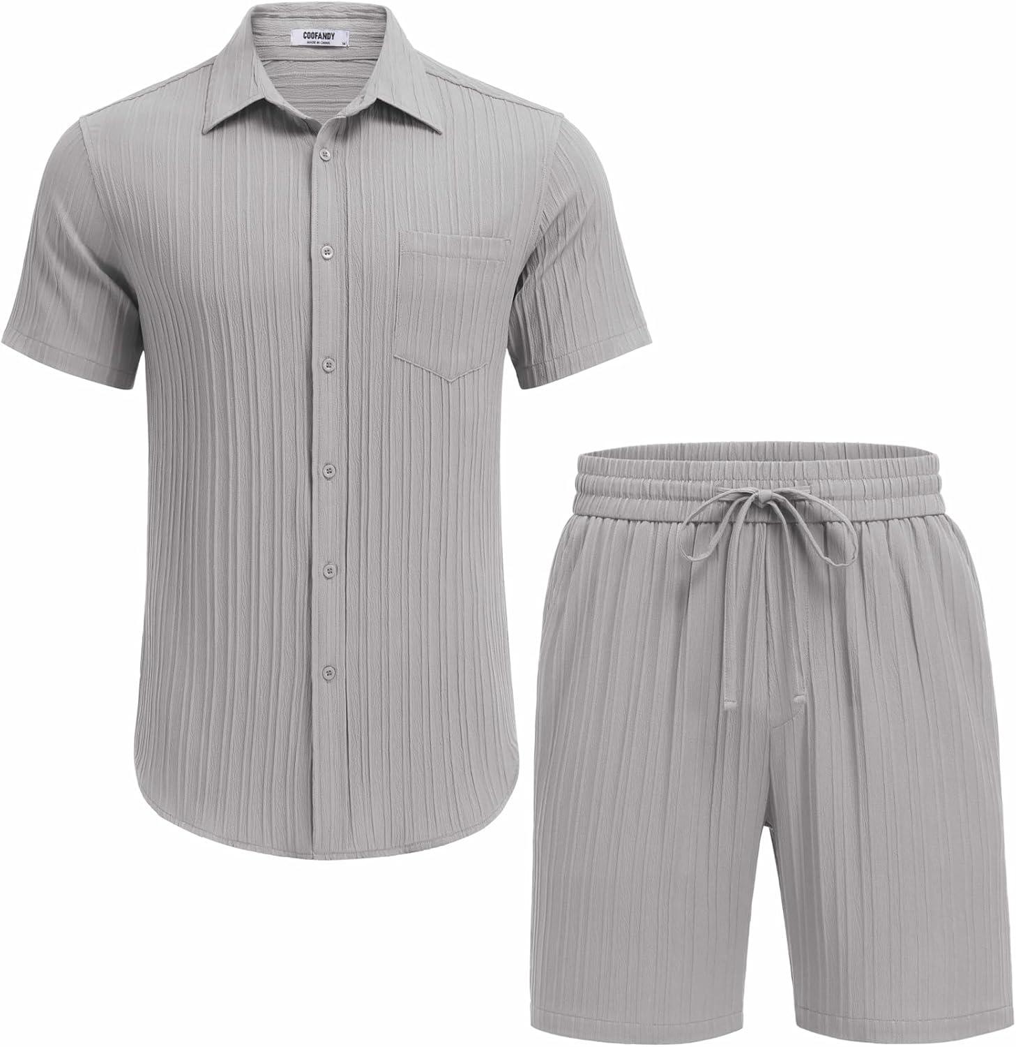 imageCOOFANDY Mens Beach Outfits 2 Piece Sets Casual Short Sleeve Button Down Summer Textured ShirtLight Gray